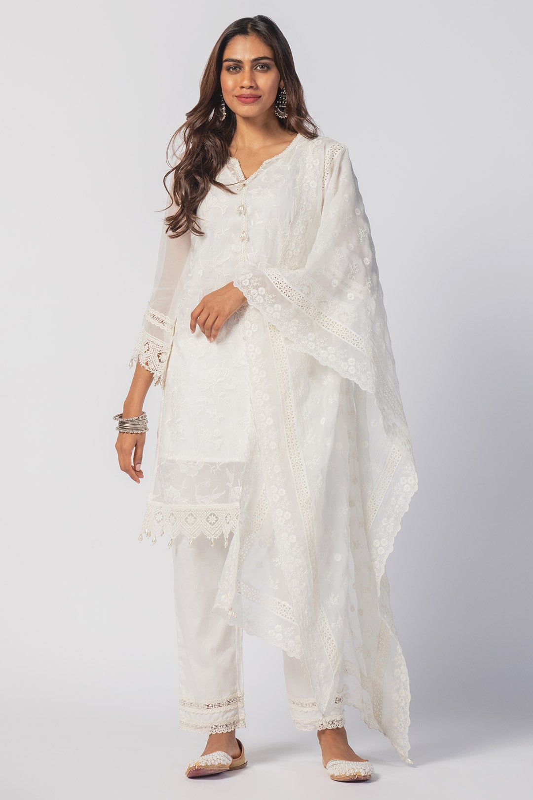 Mulmul Tencel Luxe Organza Maisy Off White Kurta With Pima Cotton Maisy Off White Pant