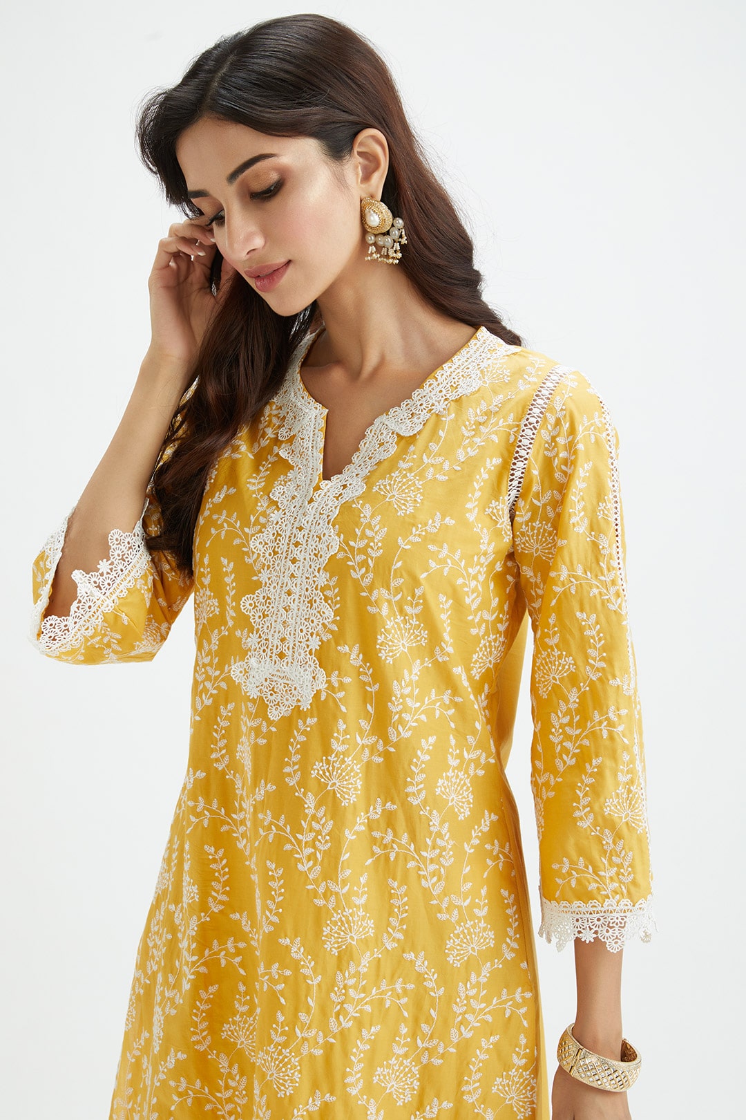 Mulmul Cotton Merlin Yellow Kurta With Thin Pintuck White Pyajama