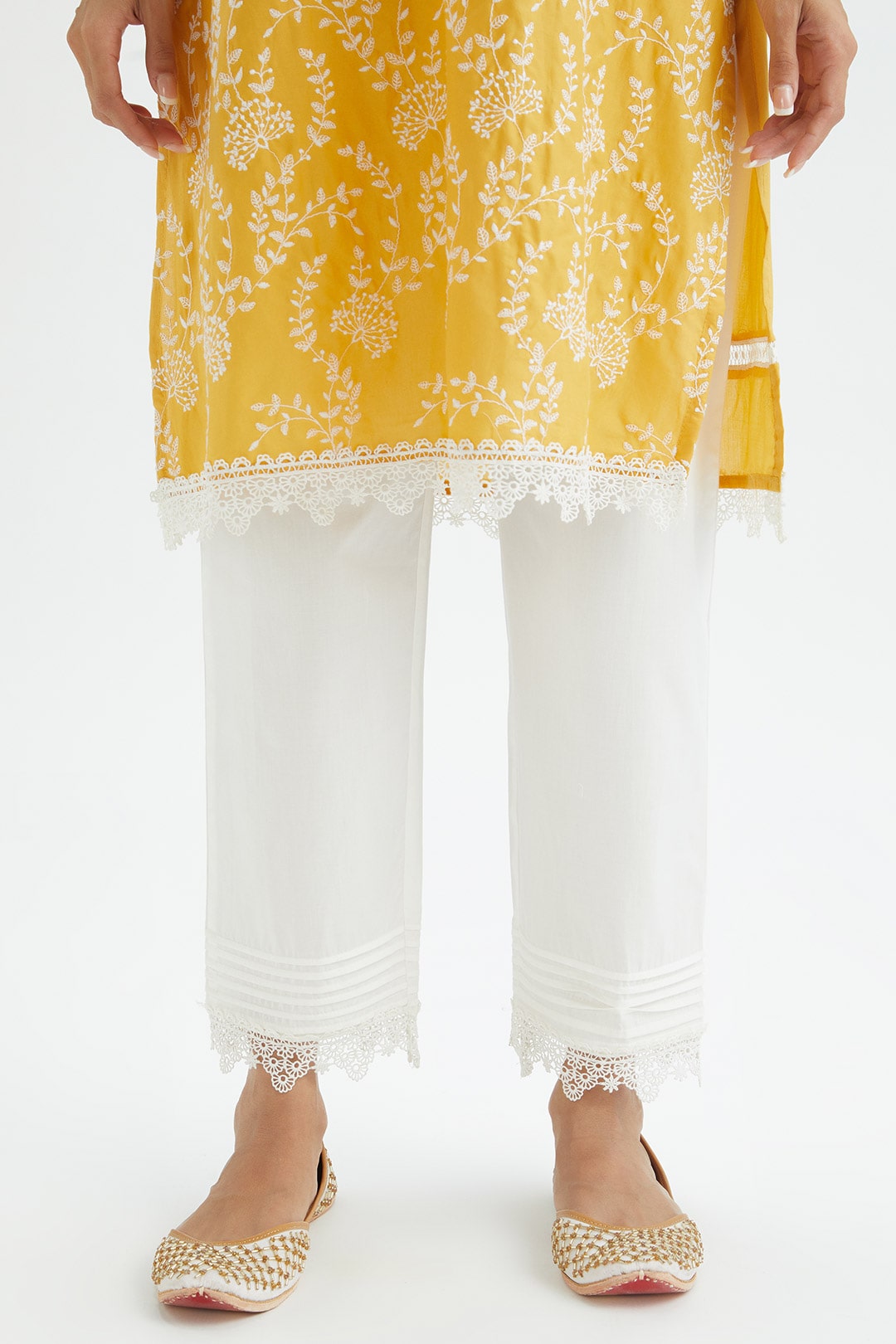 Mulmul Cotton Merlin Yellow Kurta With Thin Pintuck White Pyajama