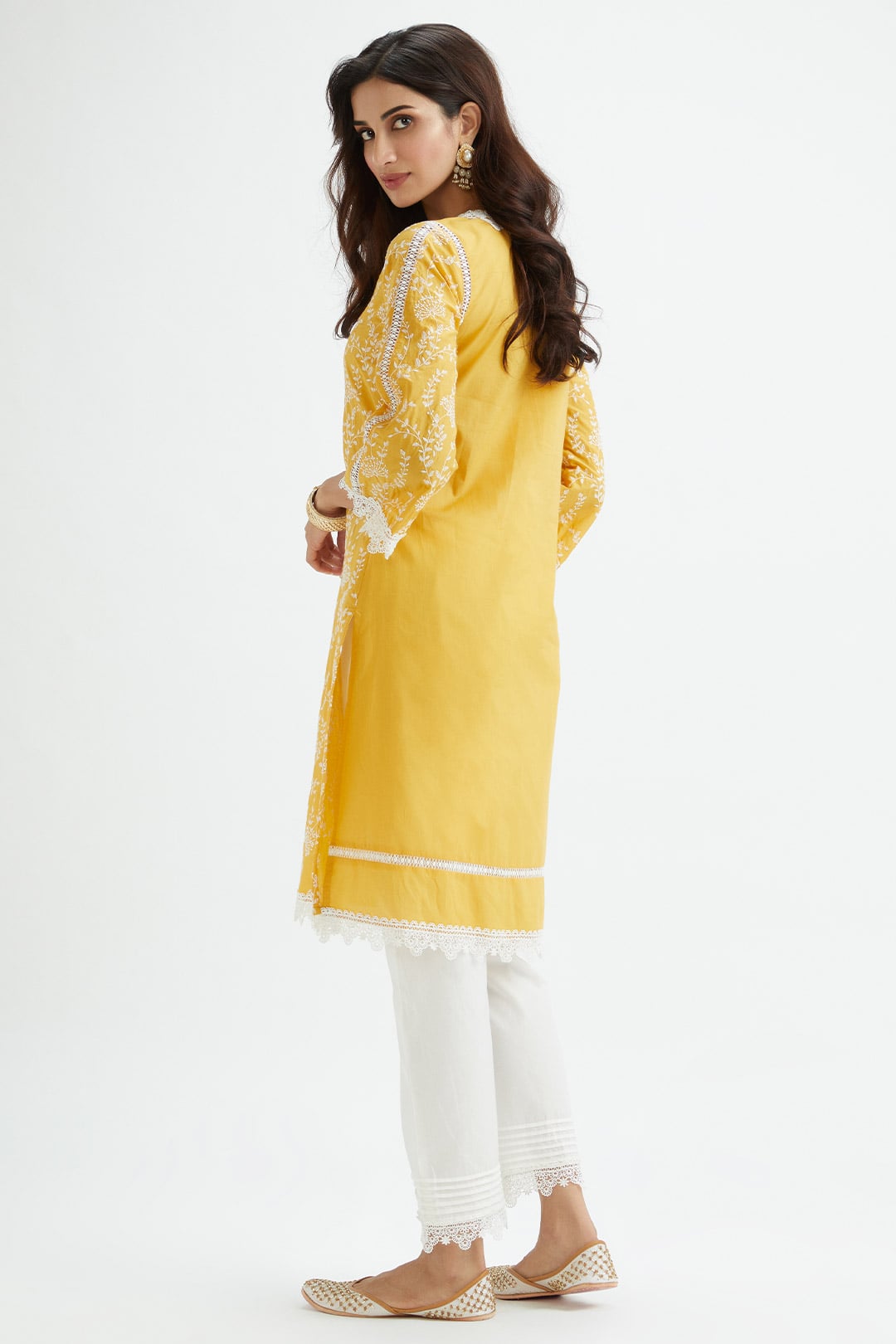 Mulmul Cotton Merlin Yellow Kurta With Thin Pintuck White Pyajama