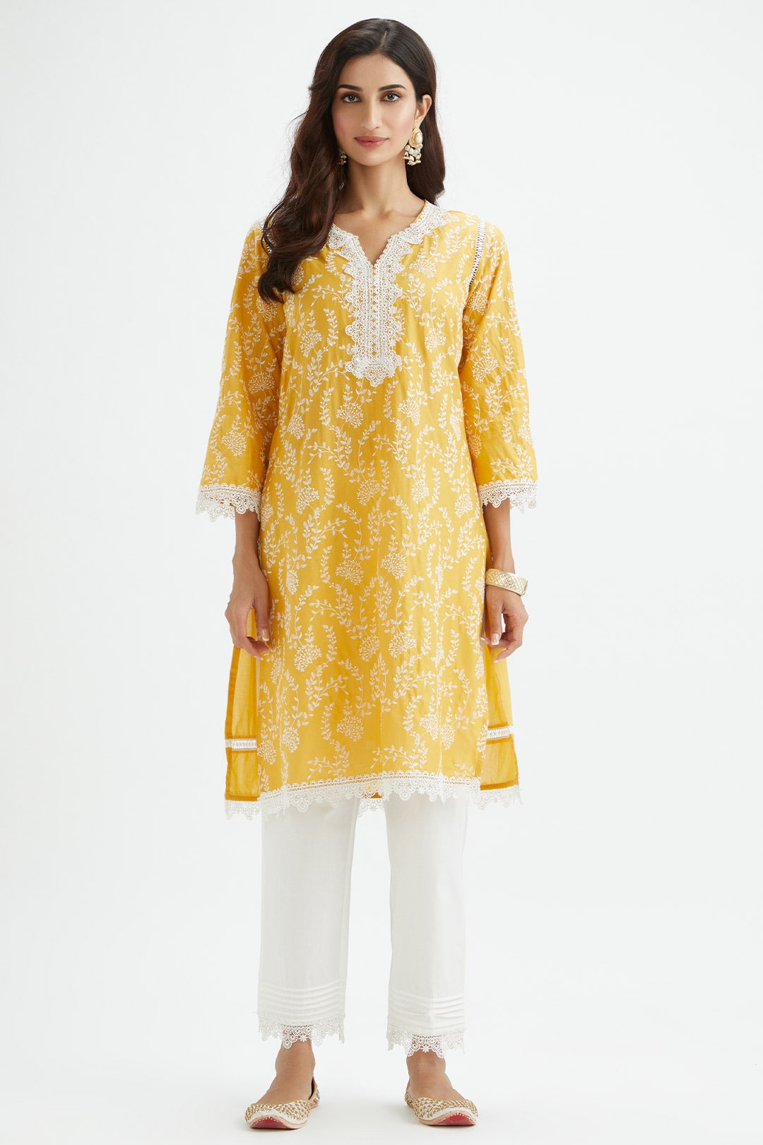 Mulmul Cotton Merlin Yellow Kurta With Thin Pintuck White Pyajama