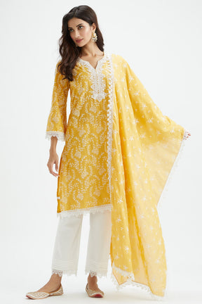 Mulmul Cotton Merlin Yellow Kurta With Thin Pintuck White Pyajama