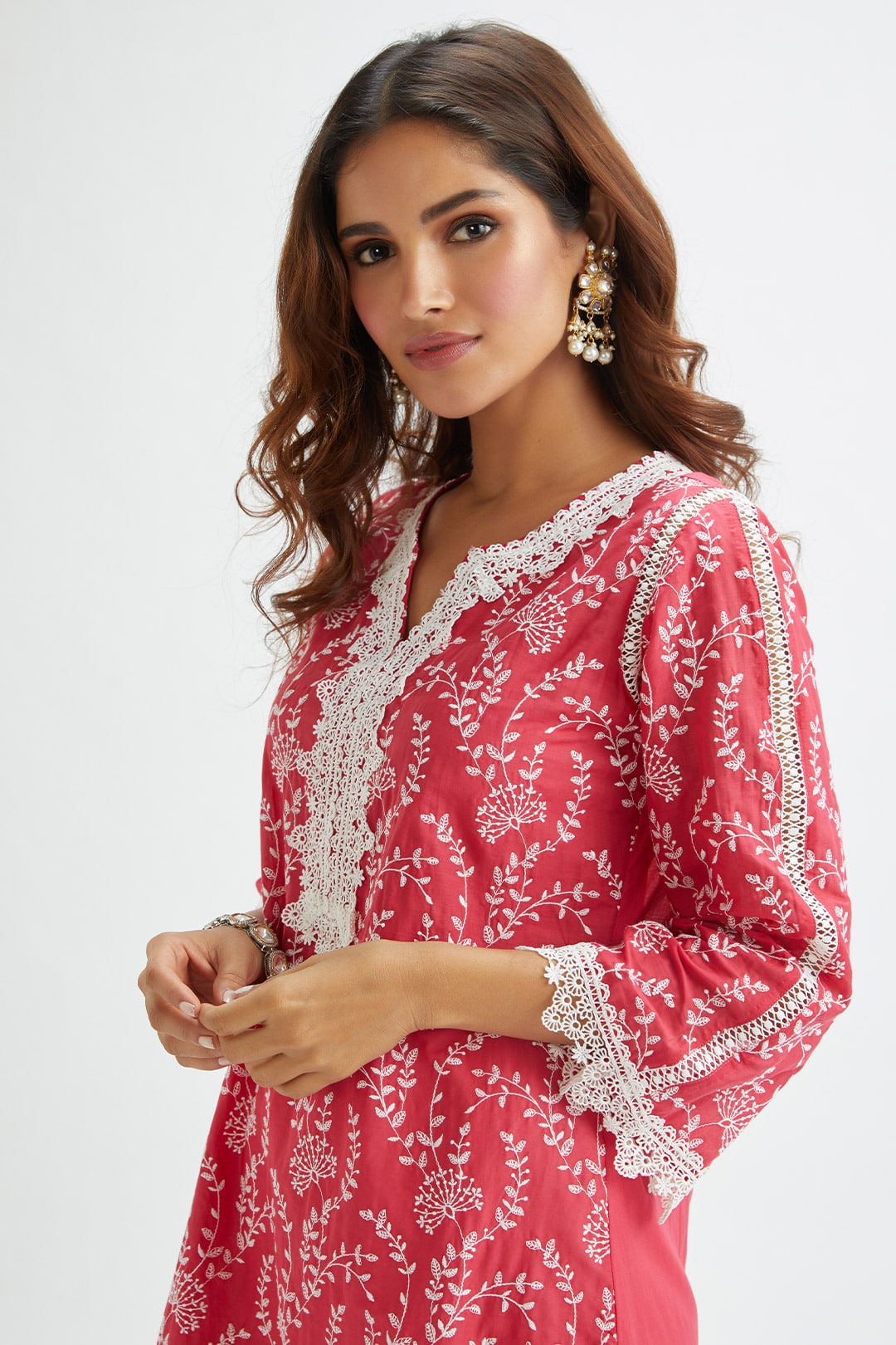 Mulmul Cotton Merlin Red Kurta With Emb Bellbottom White Pyajama