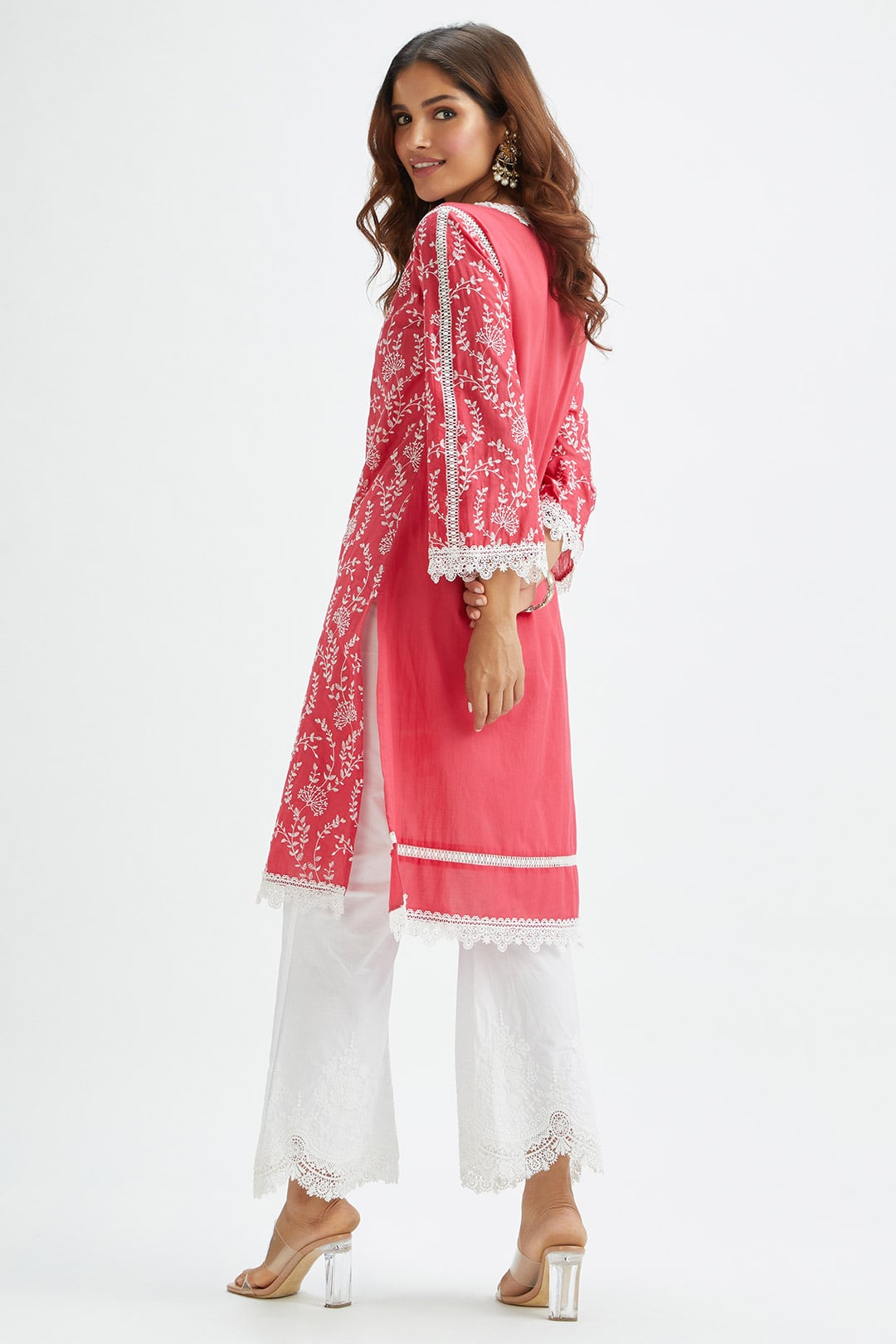 Mulmul Cotton Merlin Red Kurta With Emb Bellbottom White Pyajama