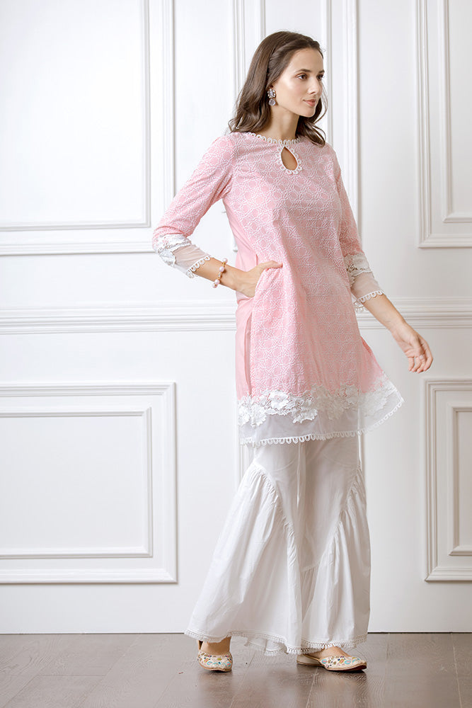 Mulmul Clover Pink Kurta With Hazel Bellbottoms