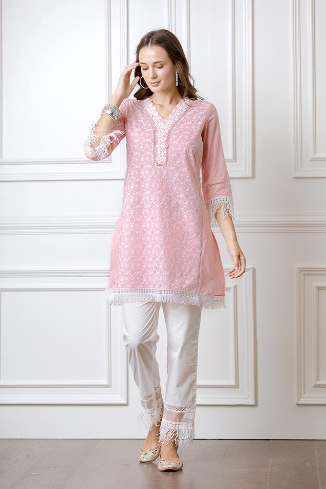 Mulmul Posey Pink Kurta With New Fringe pyajamas