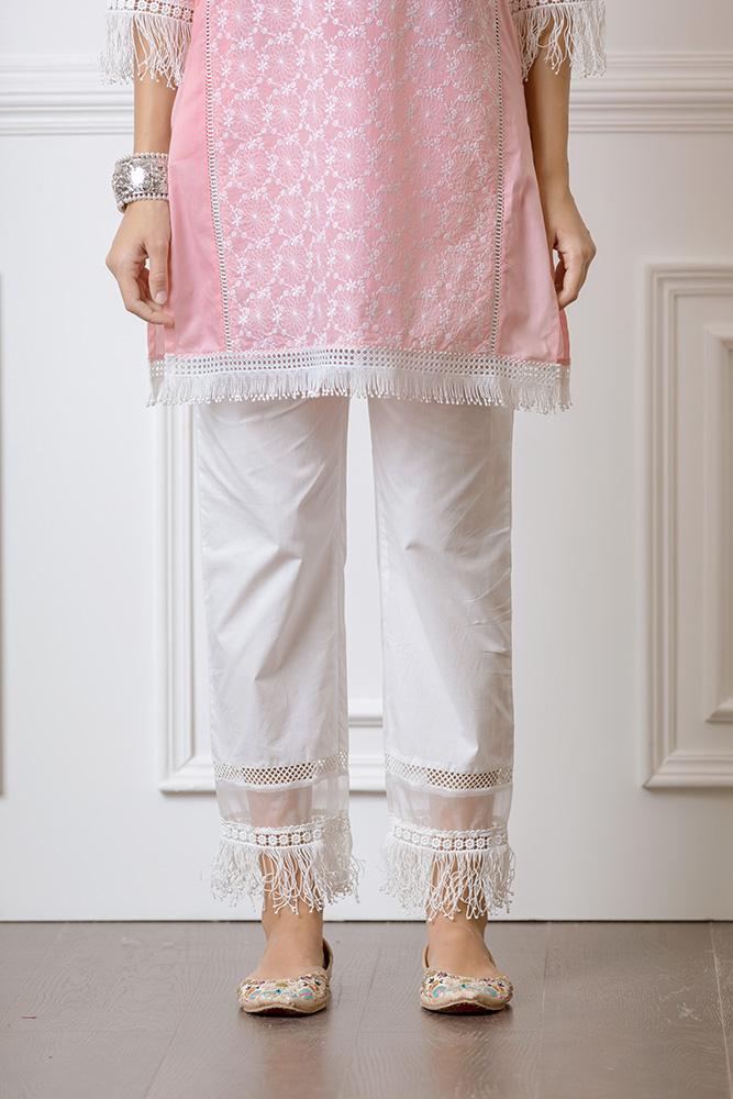 Mulmul Posey Pink Kurta With New Fringe pyajamas