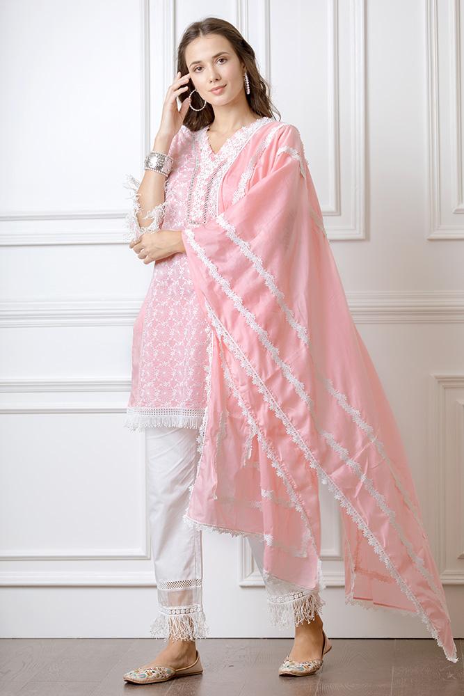 Mulmul Posey Pink Kurta With New Fringe pyajamas