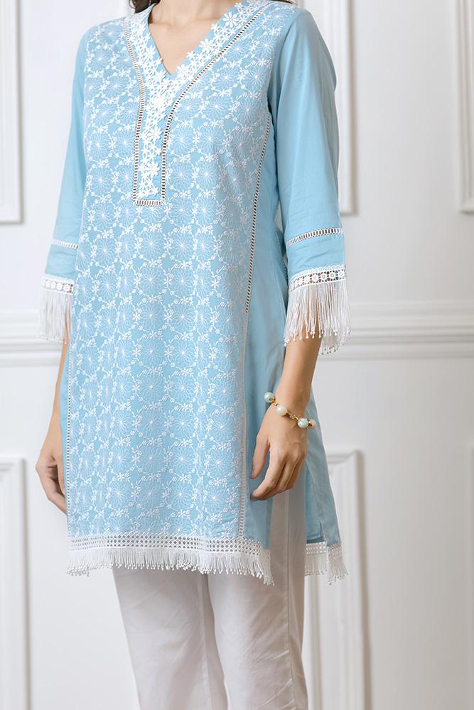 Mulmul Posey Turquoise Kurta With New Fringe pyajamas
