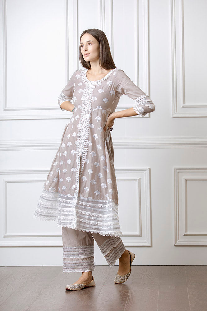 Lotus Grey Anarkali Kurta with Palazzo Set