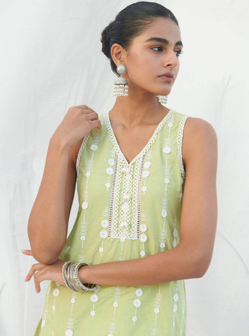 Mulmul Supima Cotton Garden Cress Lime Green Kurta