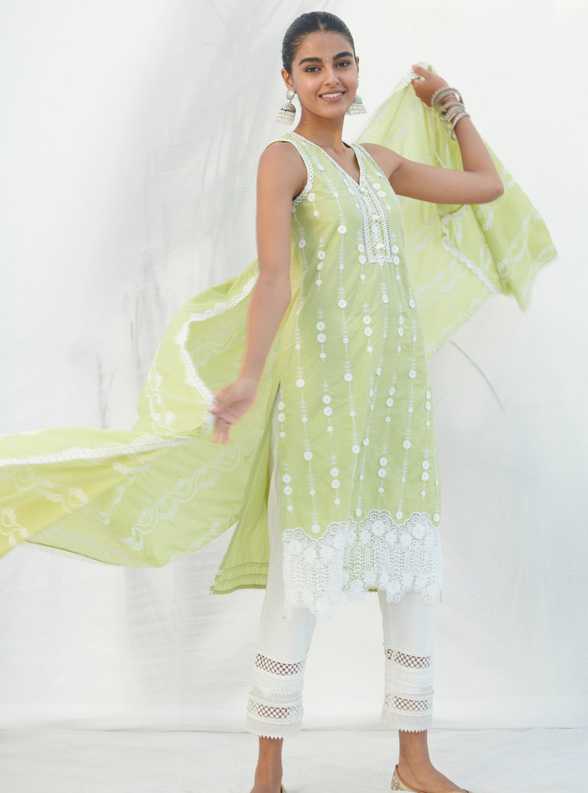 Mulmul Mirror Kurta Set-Lime Green main image 1