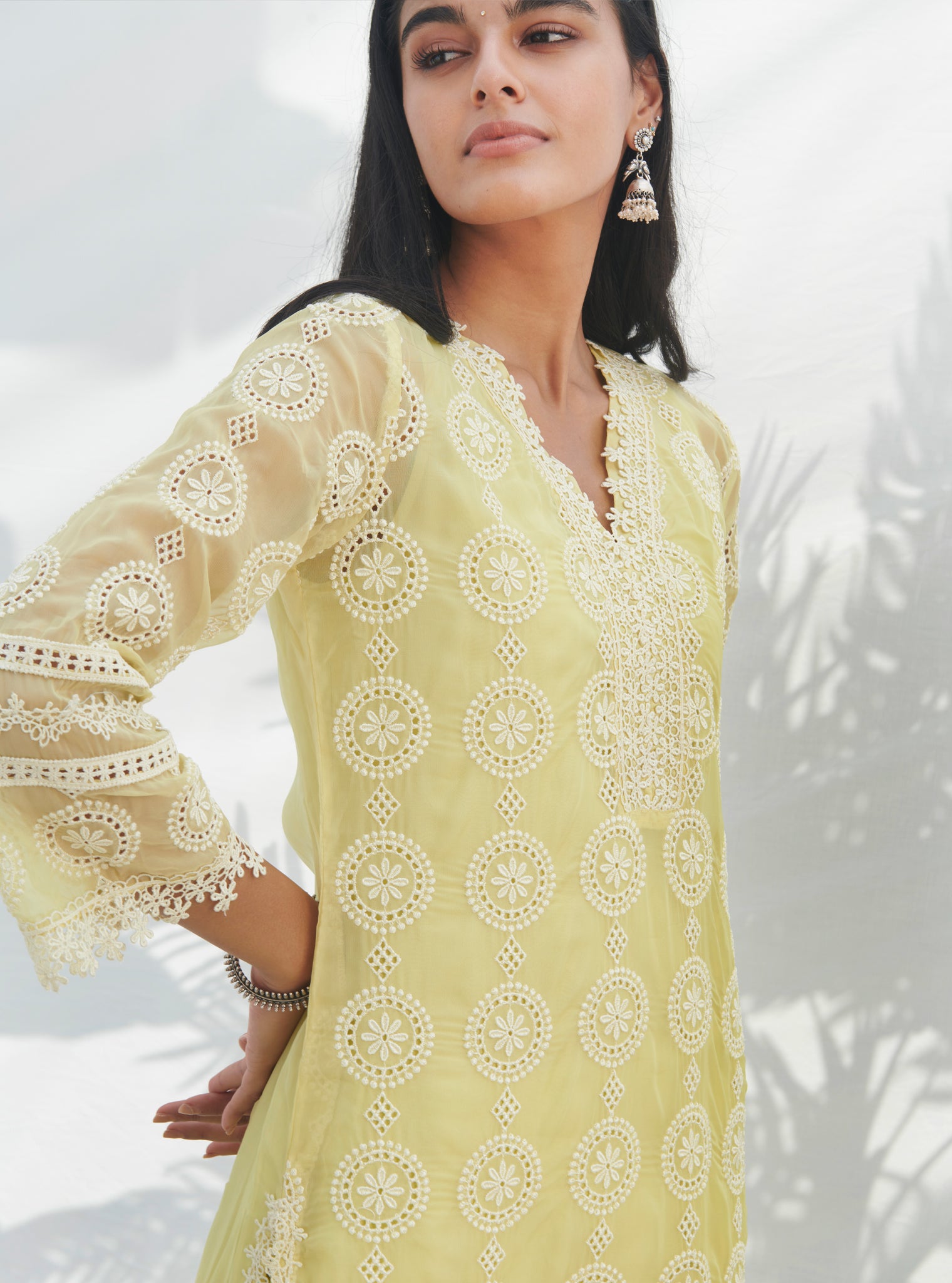 Mulmul Organza Nelli Lime Kurta With Mulmul Cotton Nelli Lime Pant