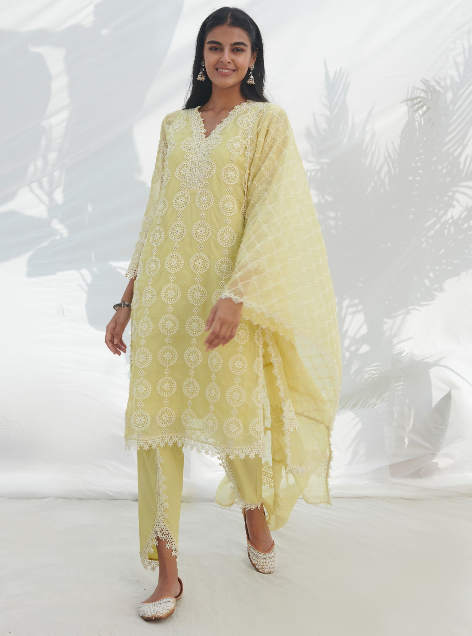 Mulmul Organza Nelli Lime Kurta With Mulmul Cotton Nelli Lime Pant