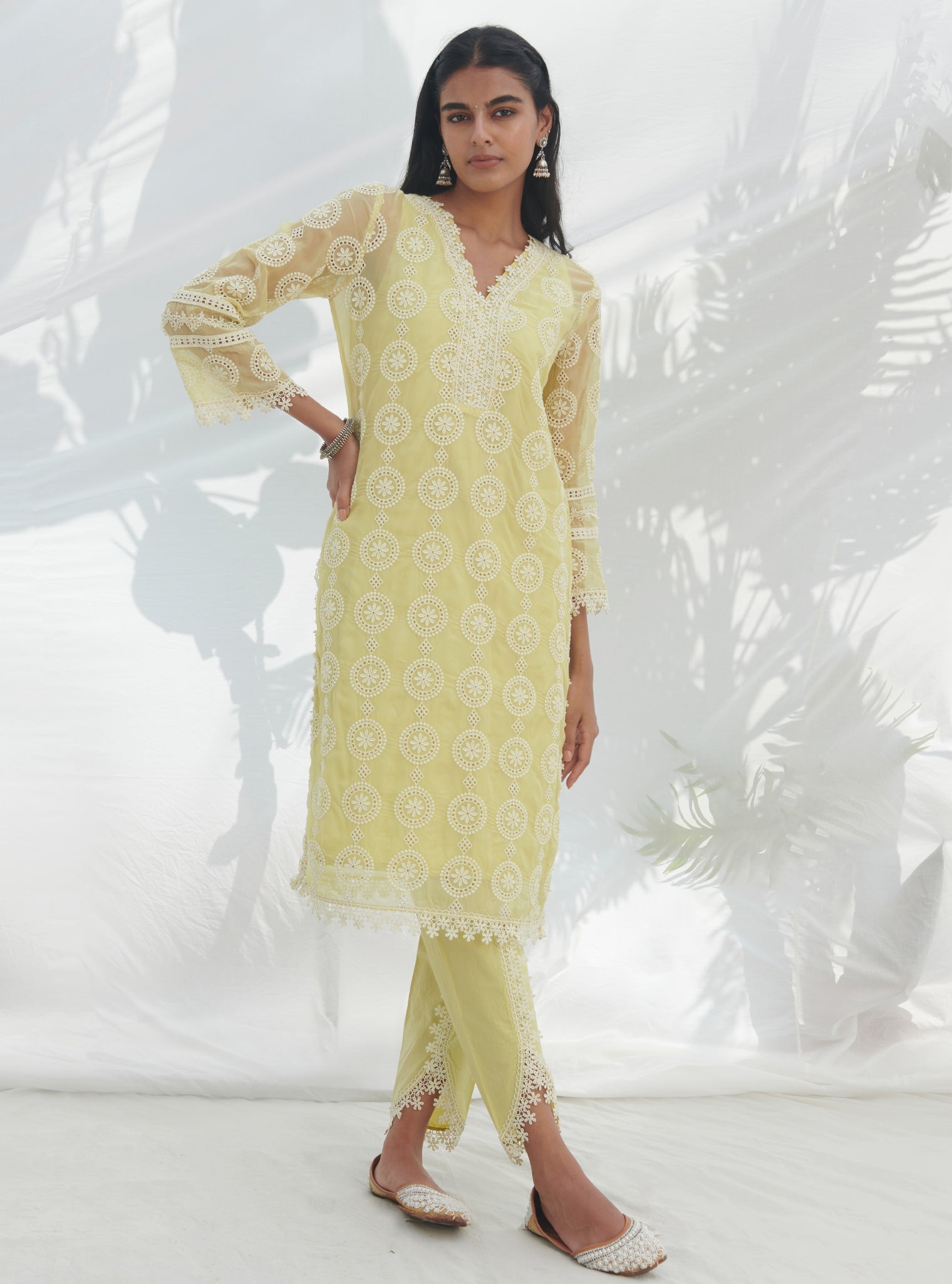 Mulmul Organza Nelli Lime Kurta With Mulmul Cotton Nelli Lime Pant