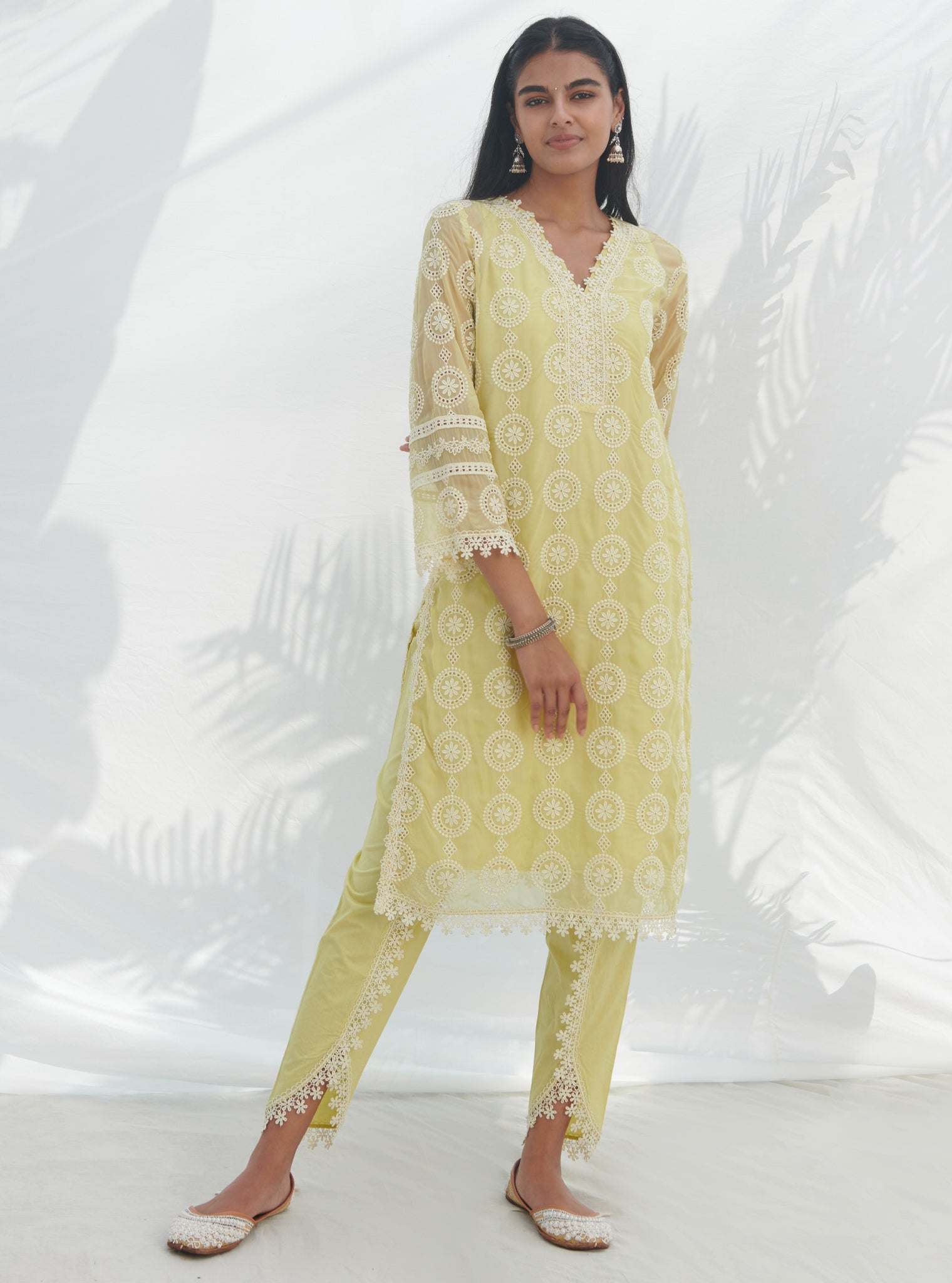 Mulmul Organza Nelli Lime Kurta With Mulmul Cotton Nelli Lime Pant