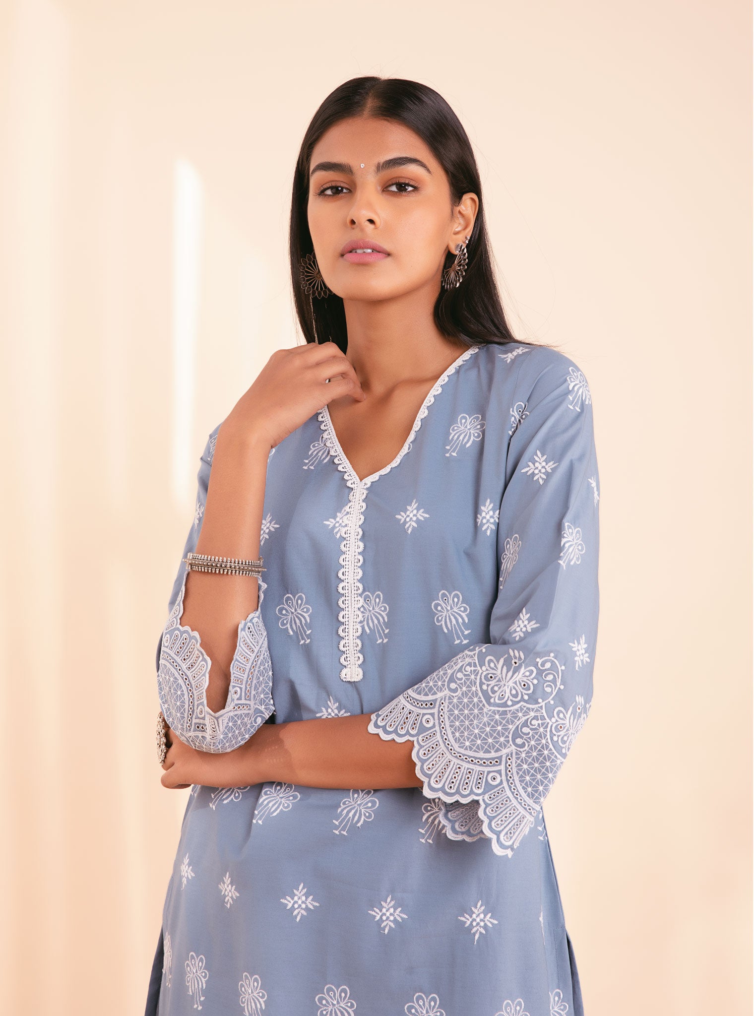 Denim Kurta With Tucks and Embroidery Details | Etiquette Apparel