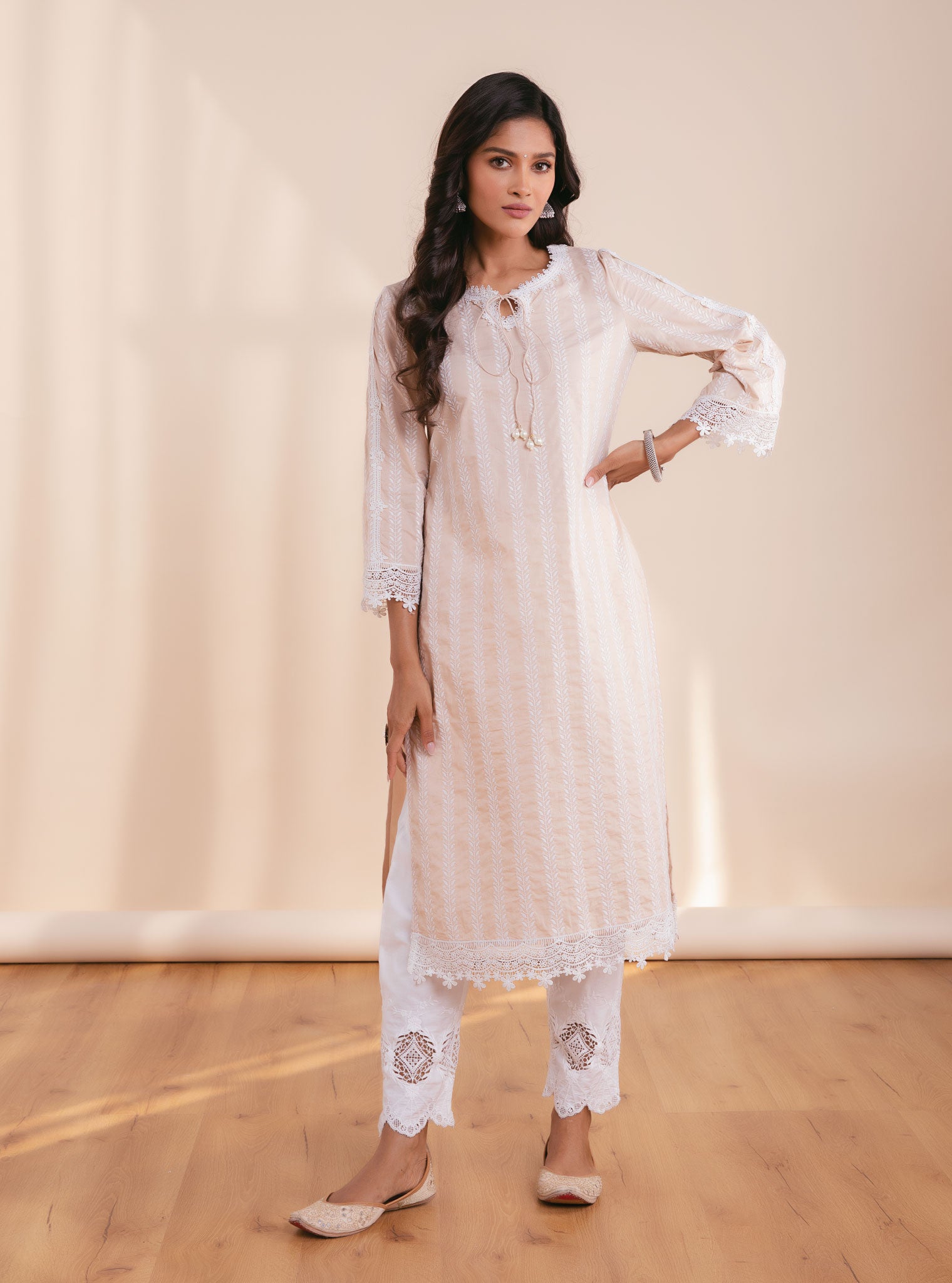 Mulmul Cotton Nina Beige Kurta With Applique Embroidered Pant