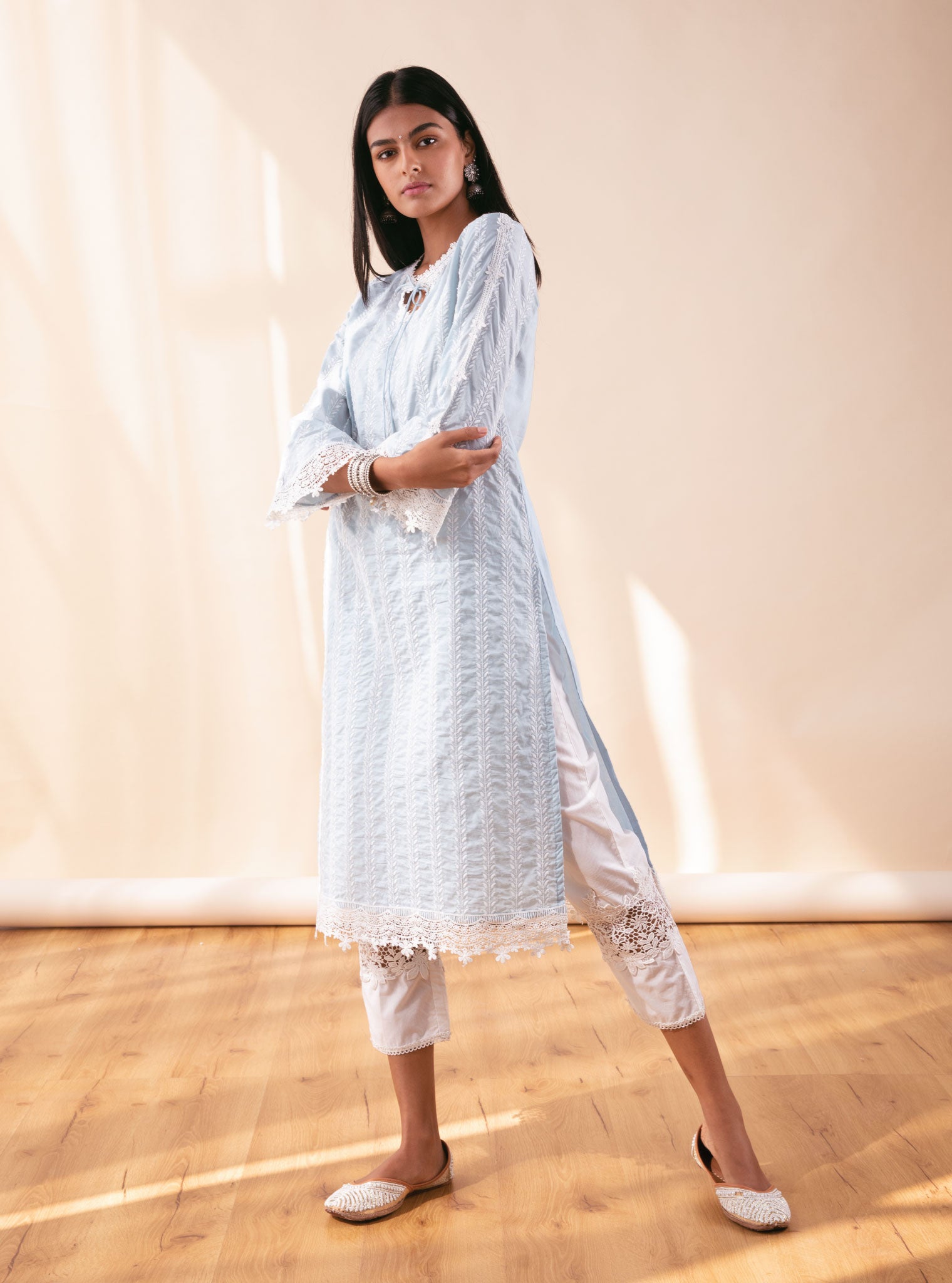 Mulmul Cotton Nina Light Blue Kurta With Broad Lace Insert White Pyajama