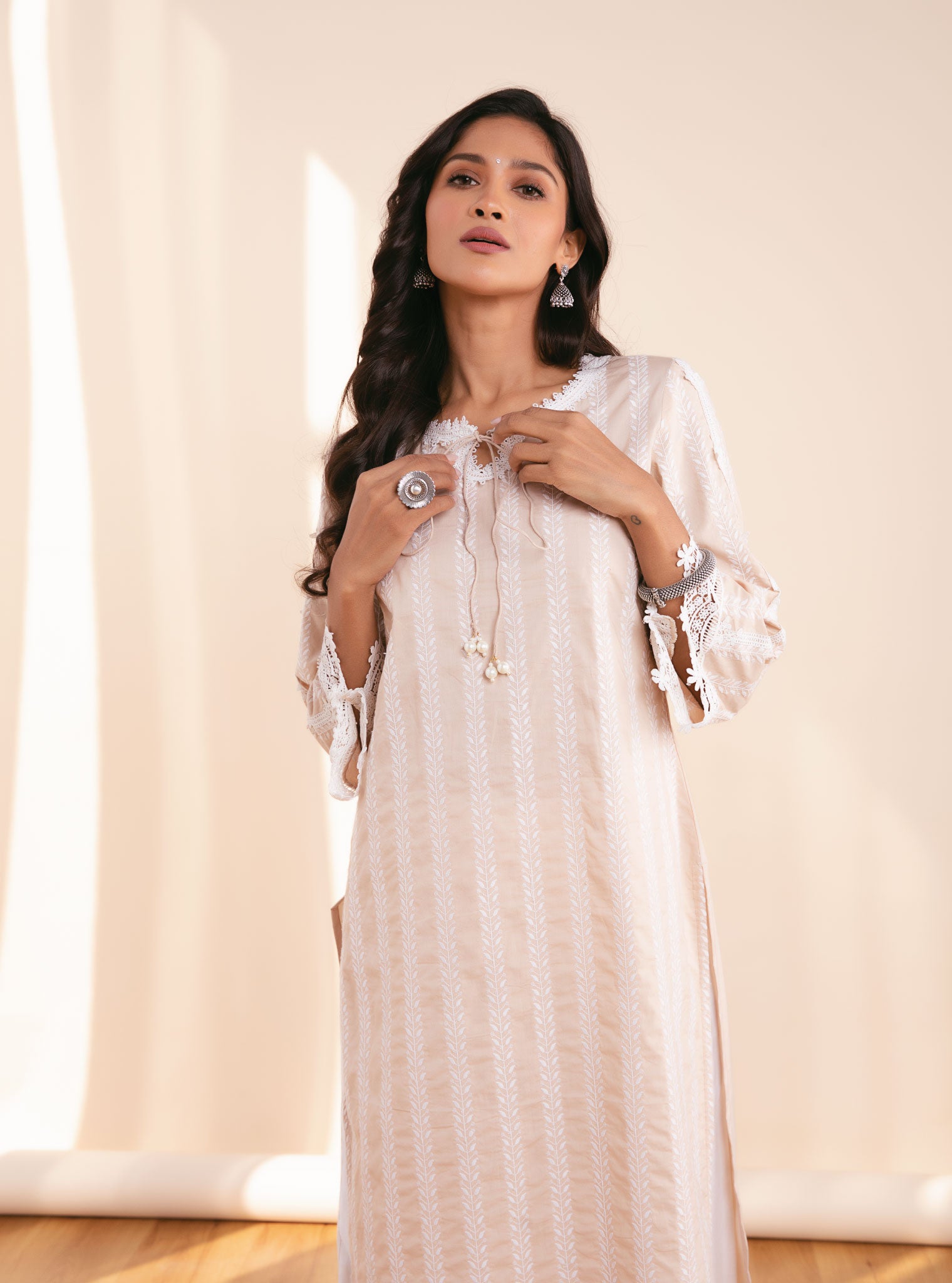 Mulmul Cotton Nina Beige Kurta With Applique Embroidered Pant