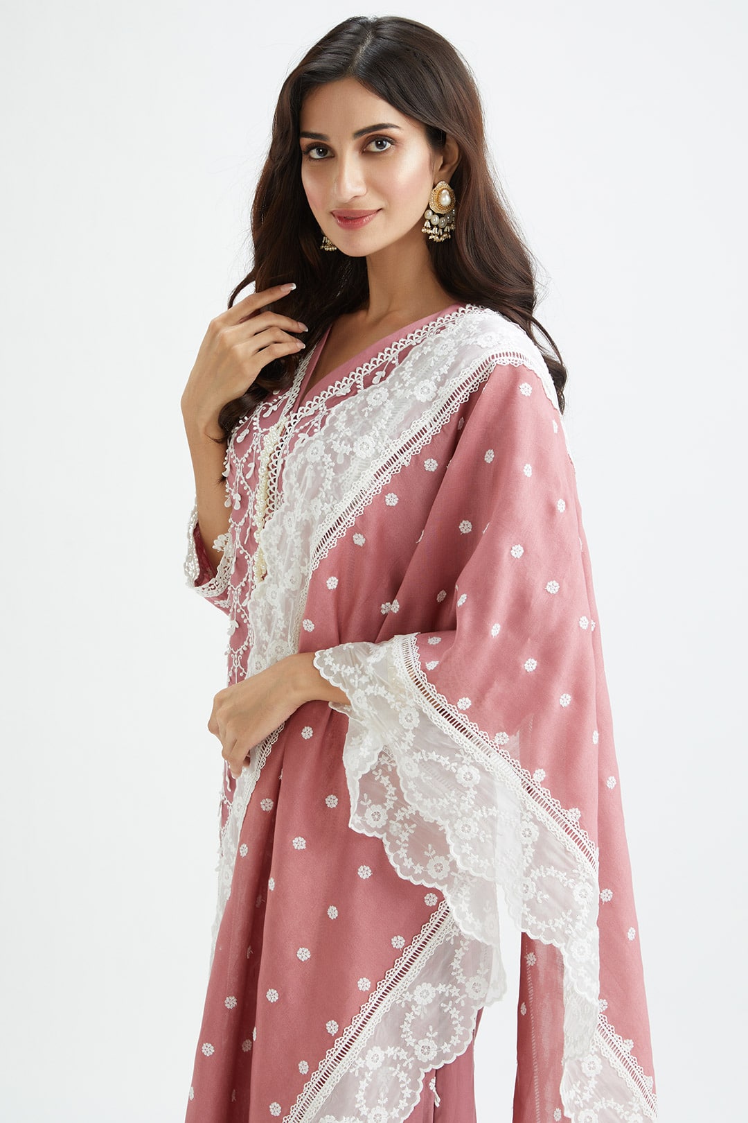 Mulmul Supima Satin Ollie Mauve Kurta With Lax Harem White Pant