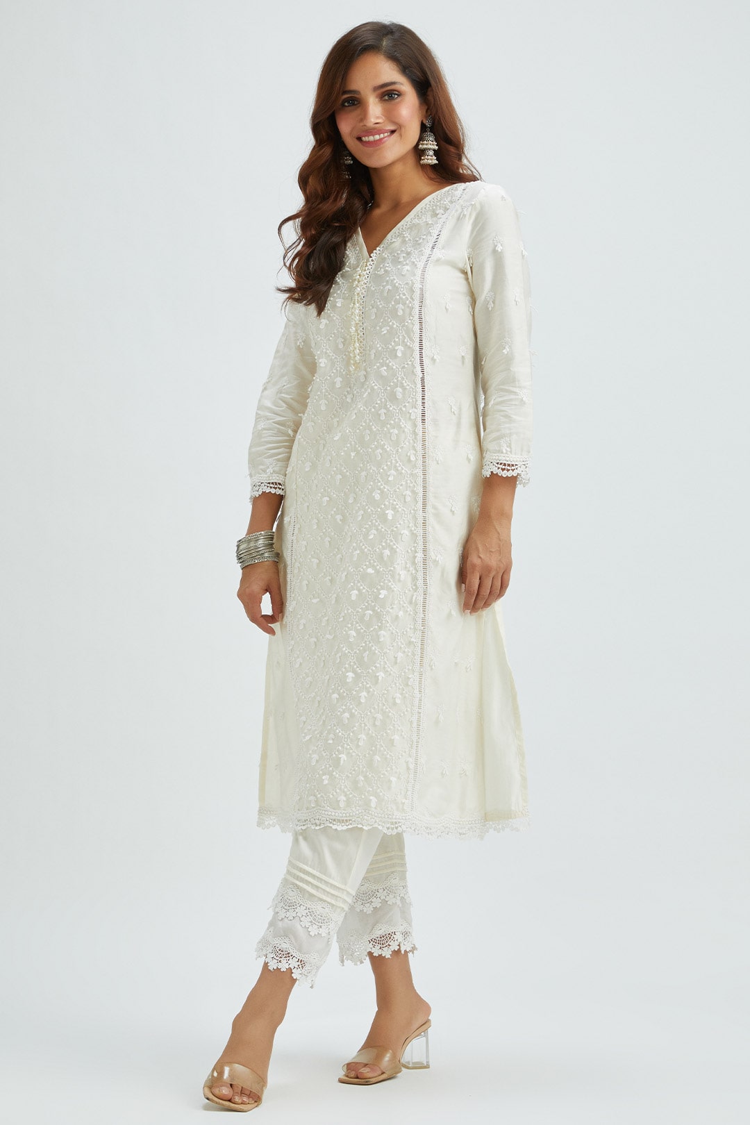 Mulmul Supima Satin Ollie Off White Kurta With Pintuck Organza Pant