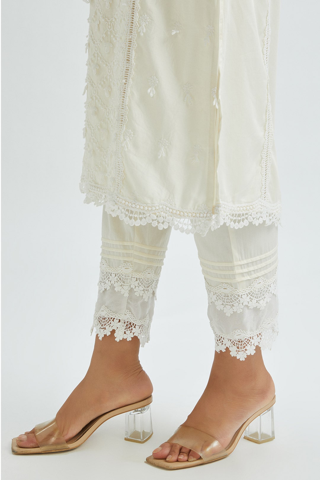 Mulmul Supima Satin Ollie Off White Kurta With Pintuck Organza Pant