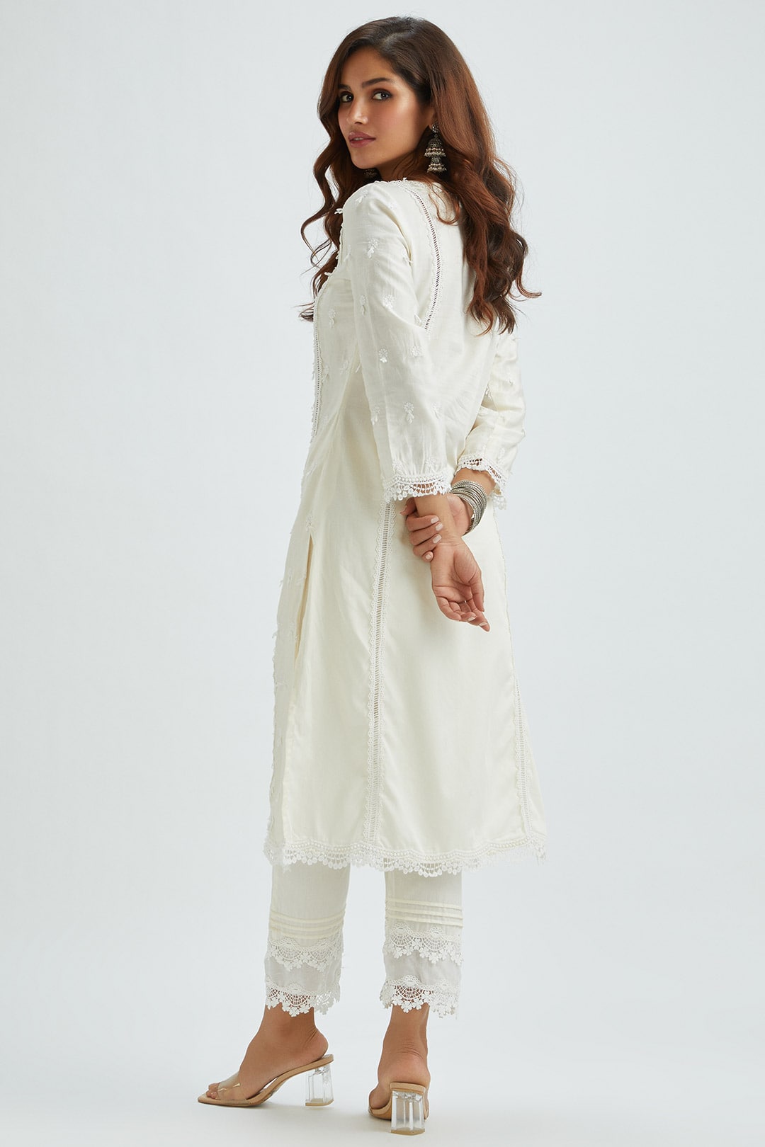 Mulmul Supima Satin Ollie Off White Kurta With Pintuck Organza Pant