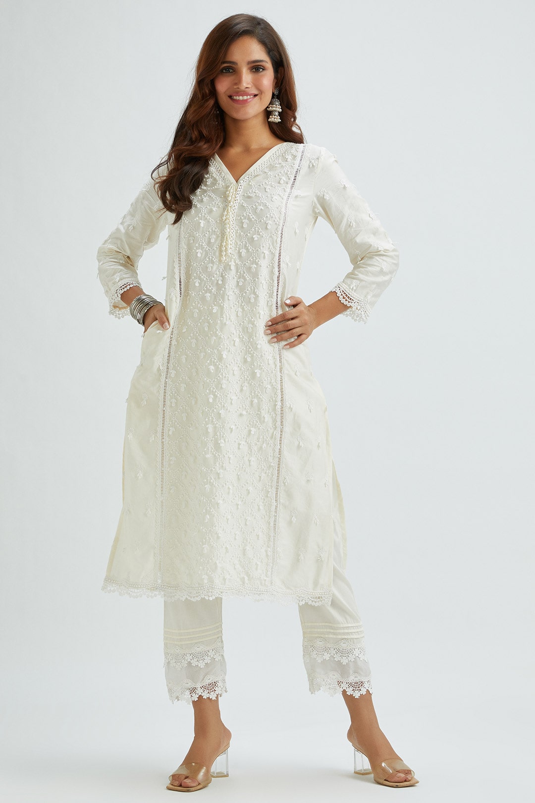 Mulmul Supima Satin Ollie Off White Kurta With Pintuck Organza Pant