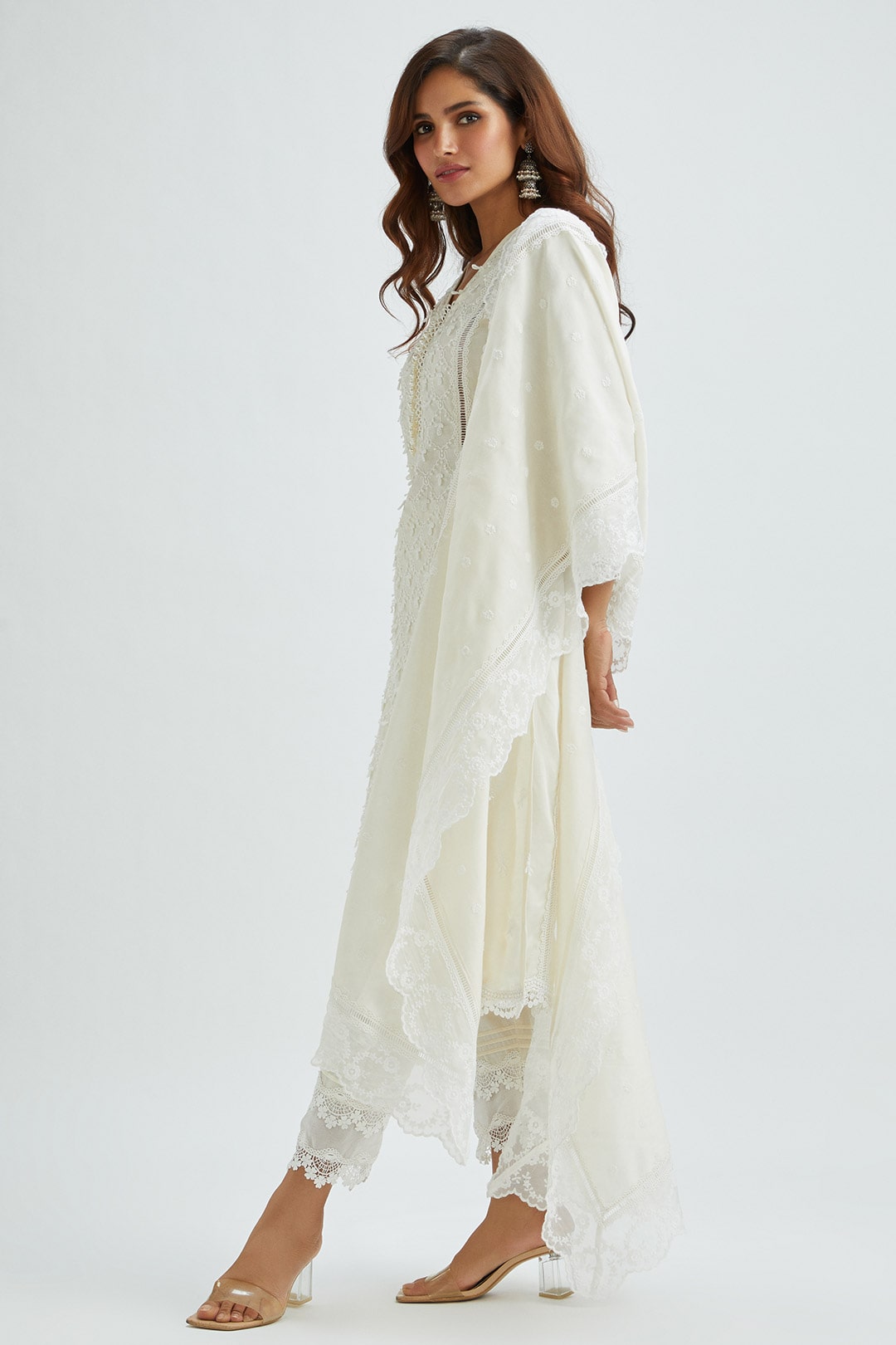 Mulmul Supima Satin Ollie Off White Kurta With Pintuck Organza Pant