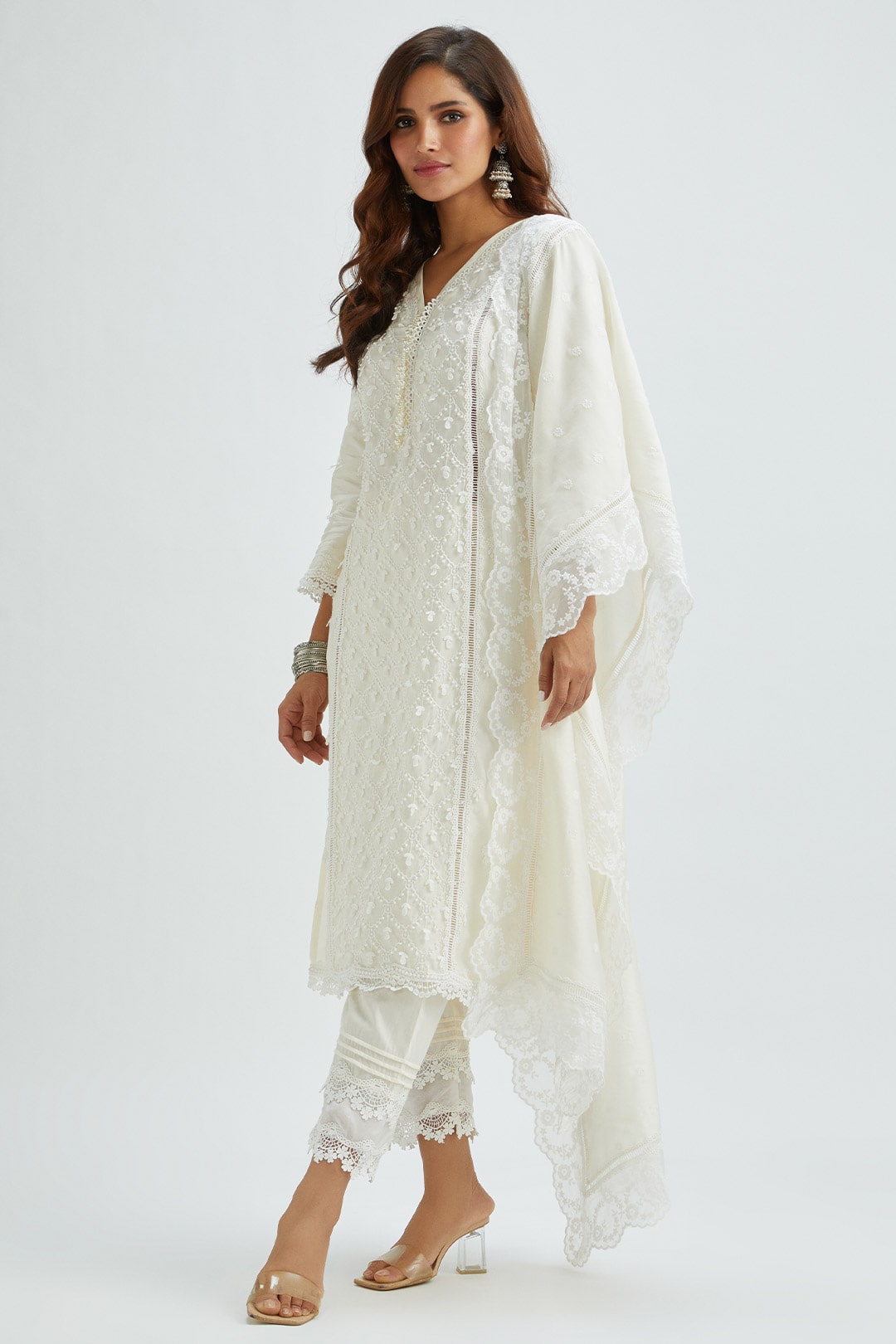 Mulmul Supima Satin Ollie Off White Kurta With Pintuck Organza Pant