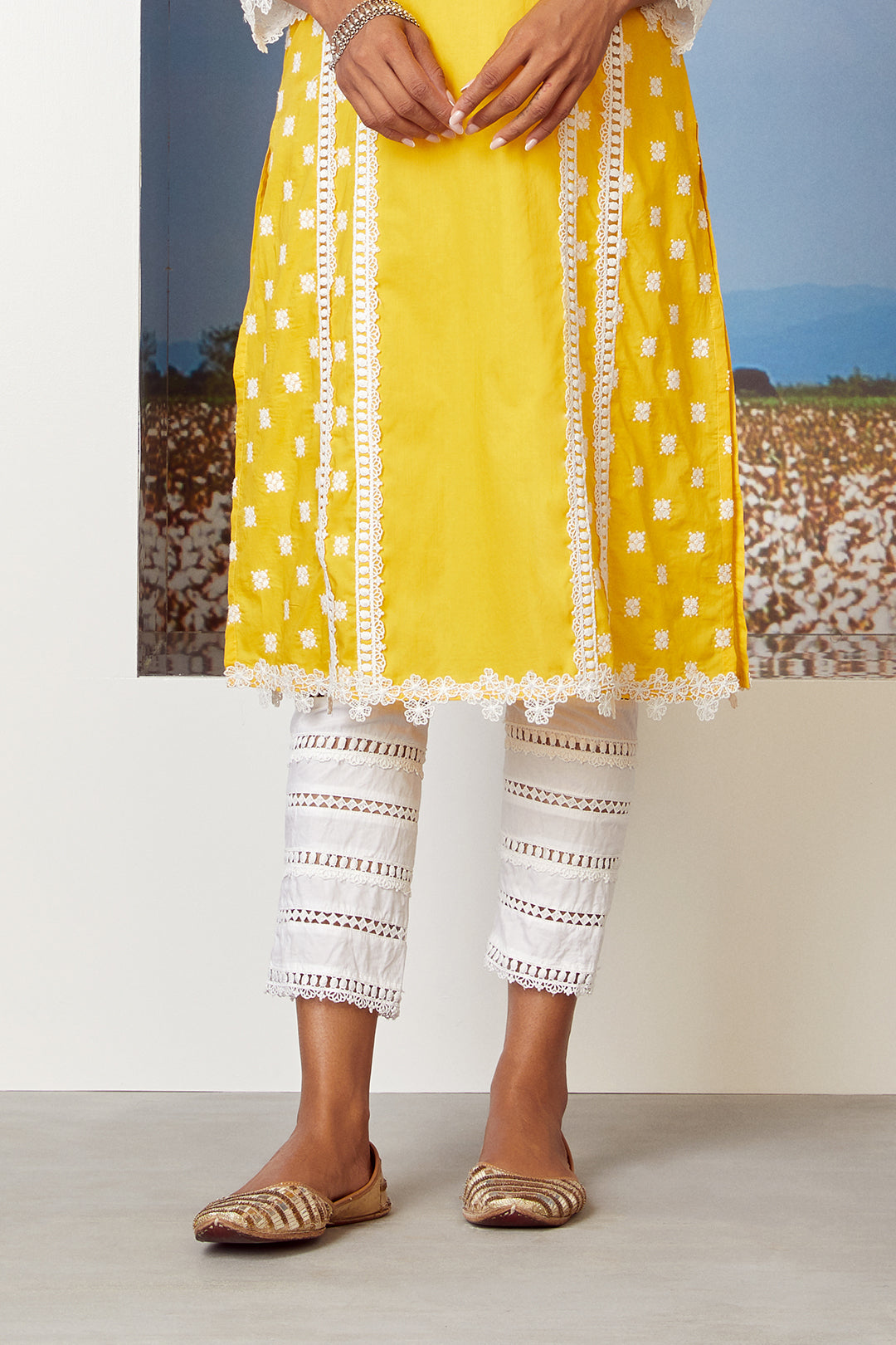 Mulmul Cotton Poetry Mango Kurta With Ladder Lace White Pyajama