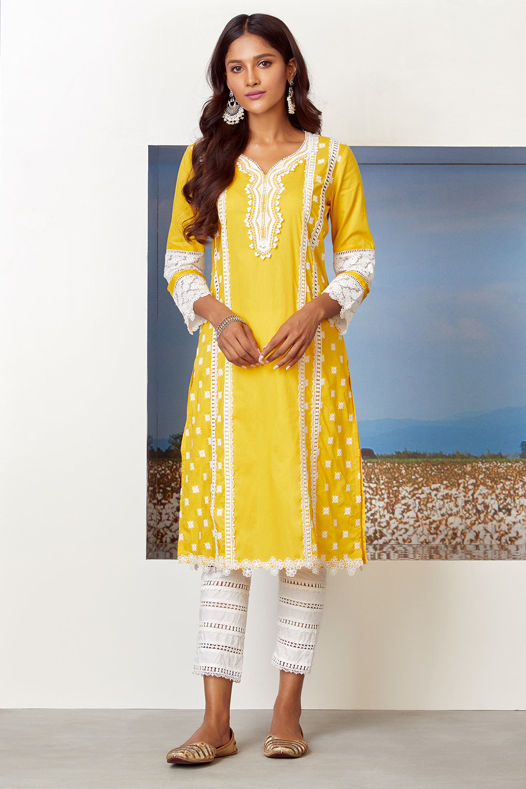 Mulmul Cotton Poetry Mango Kurta With Ladder Lace White Pyajama