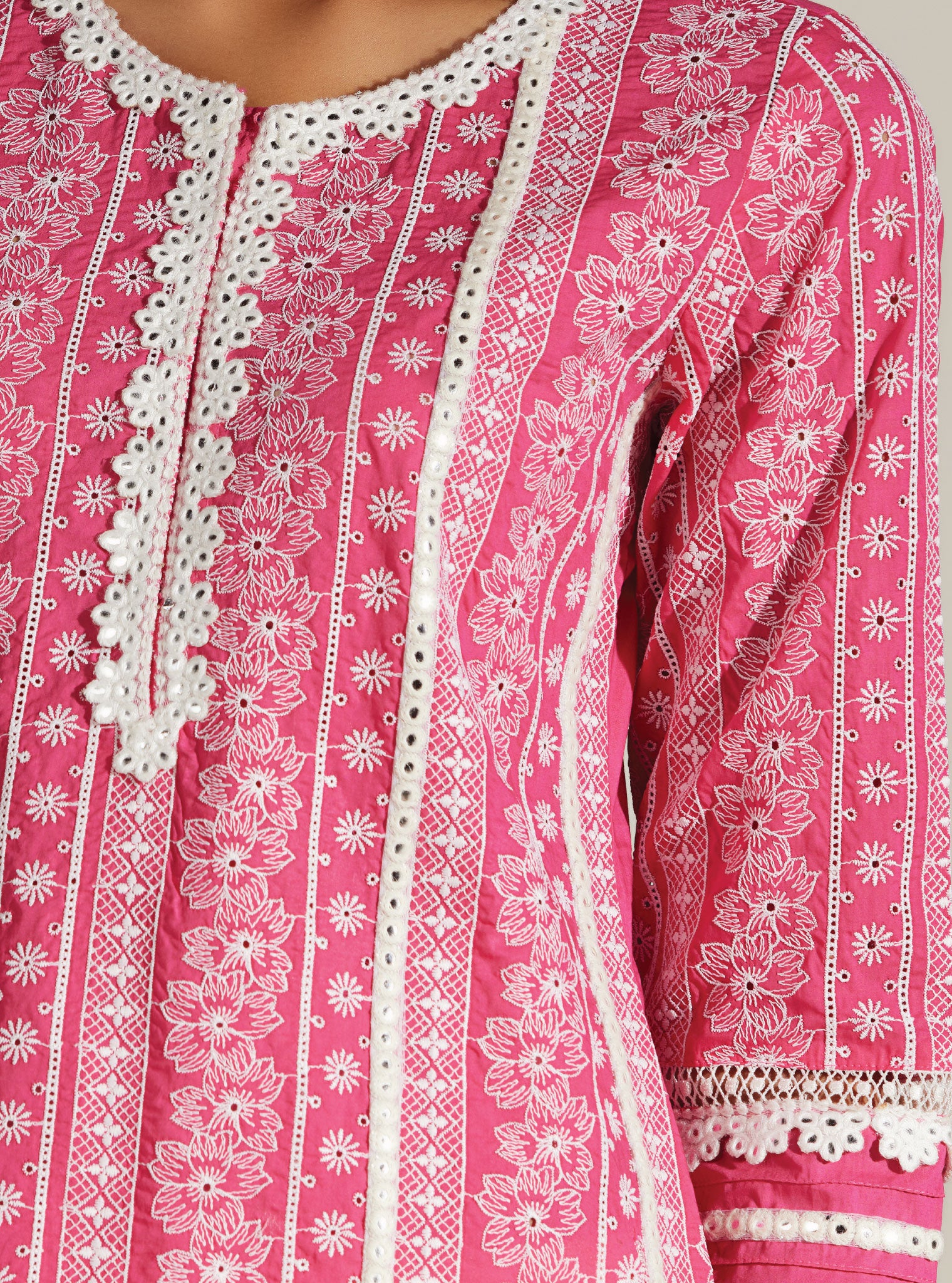 Mulmul Cotton Patricia Pink Kurta with Mulmul Cotton Mirror Gota White Pant