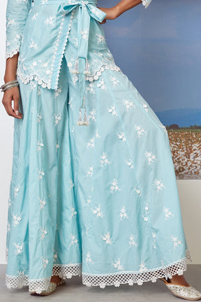 Mulmul Cotton Pearl Star Turquoise Kurta With Pearl Star Turquoise Sharara