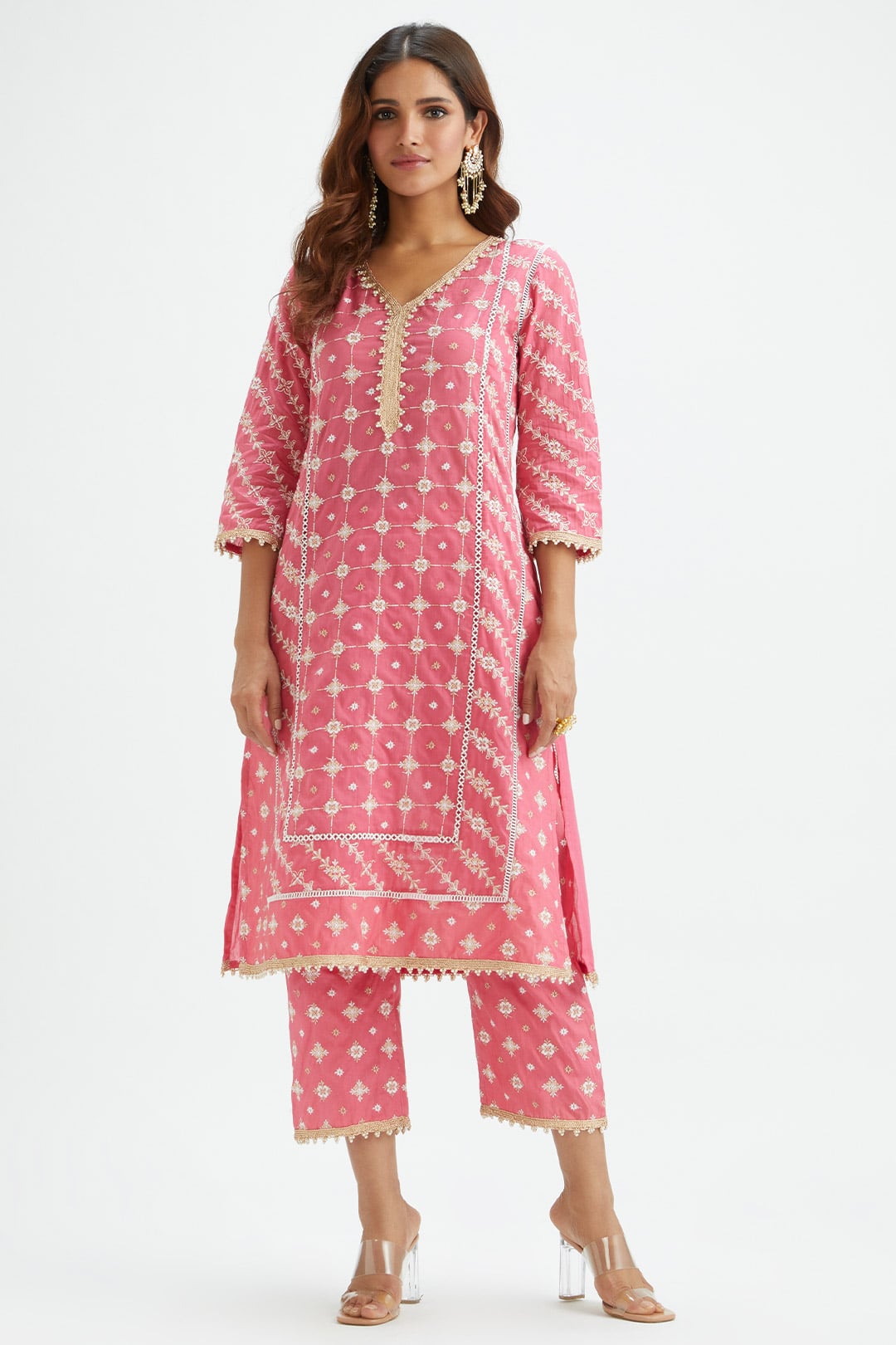 Mulmul Cotton Pelican Pink Kurta With Pelican Pink Pyajama