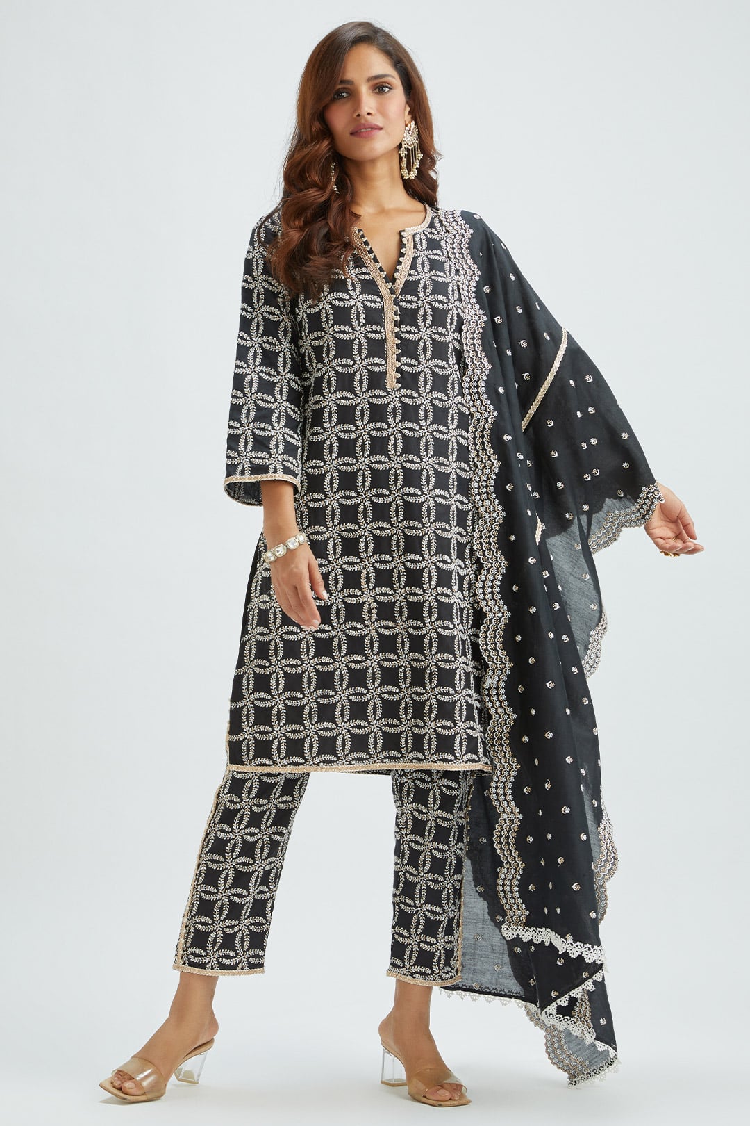 Mulmul Supima Satin Perry Black Kurta With Perry Black Pant