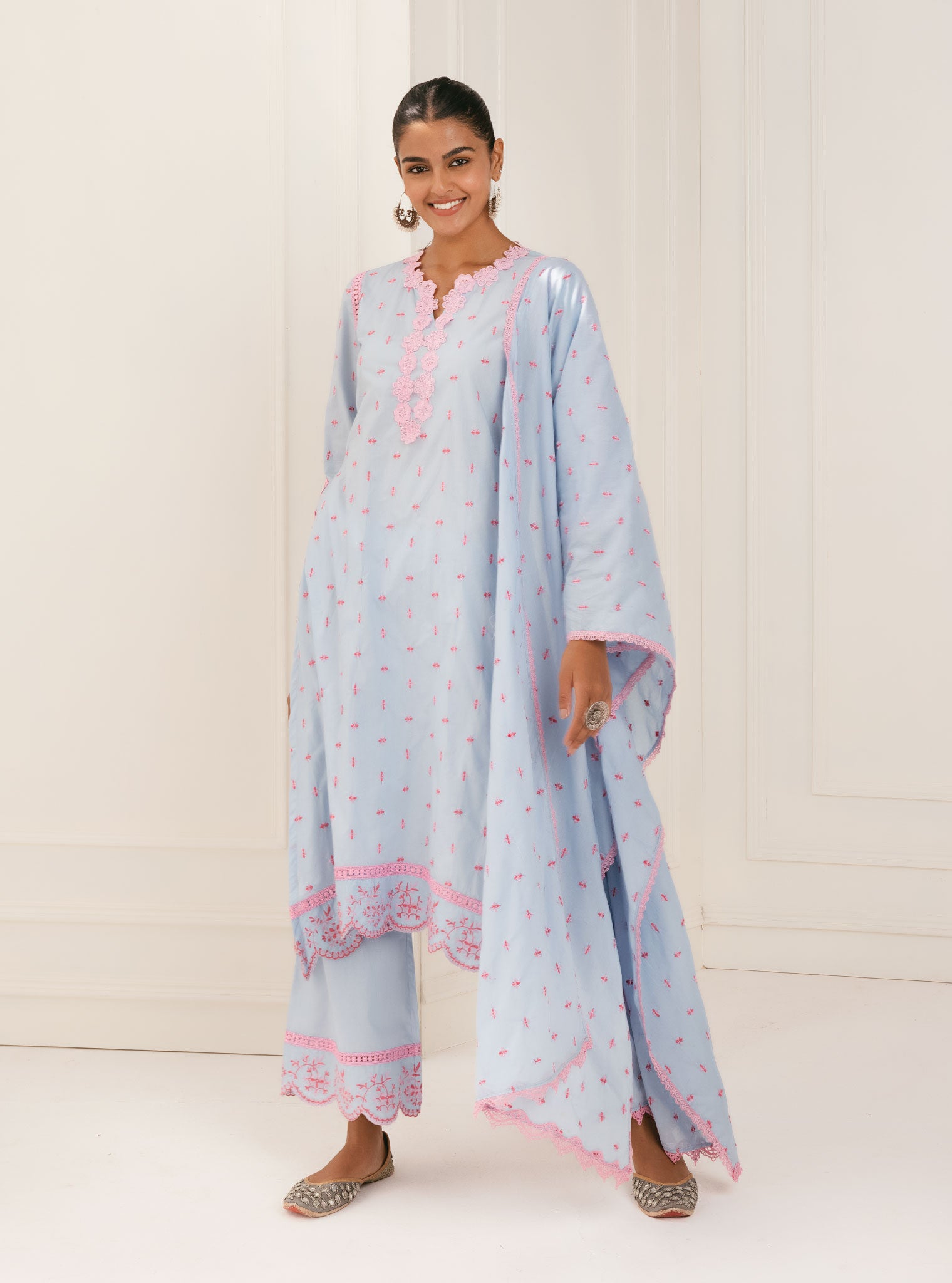 Mulmul Cotton Phey Blue Kurta With Phey Blue Palazzo