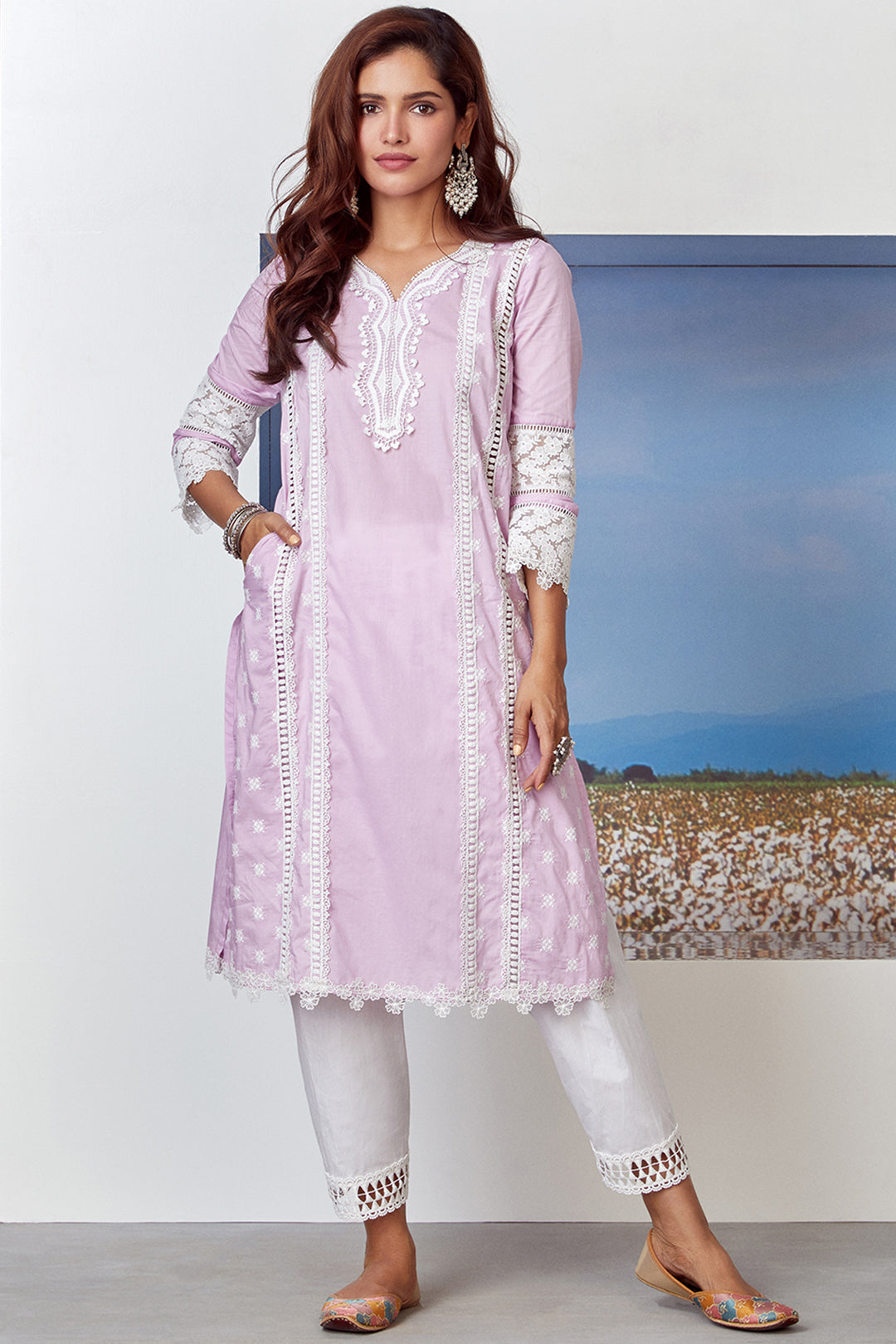 Mulmul Cotton Poetry Lilac Kurta With Slim Salwar White