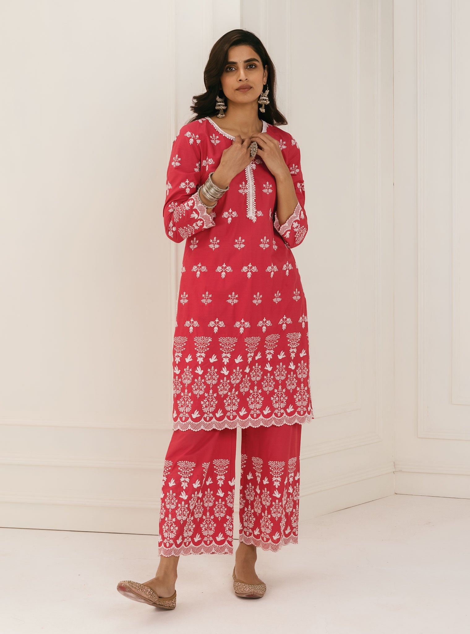 Mulmul Cotton Prini Red Kurta With Prini Red Palazzo