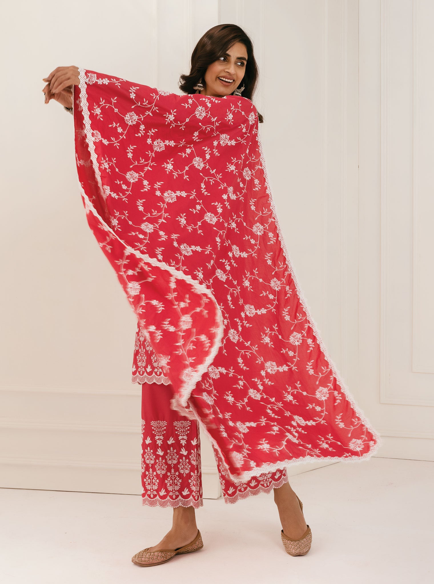 Mulmul Cotton Prini Red Kurta With Prini Red Palazzo