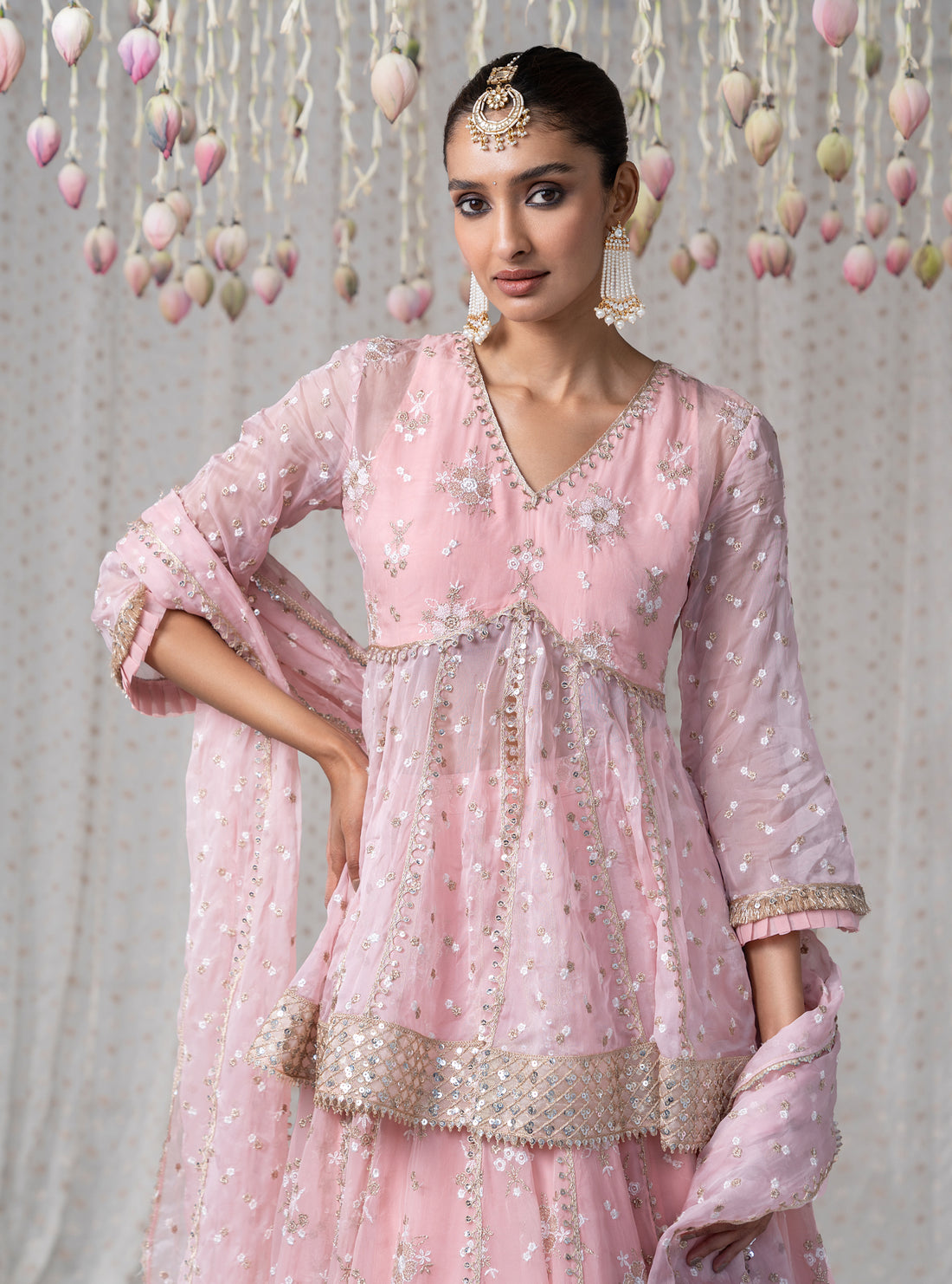 Rajnigandha Organza Short Anarkali Pink Kurta with Lehenga Set
