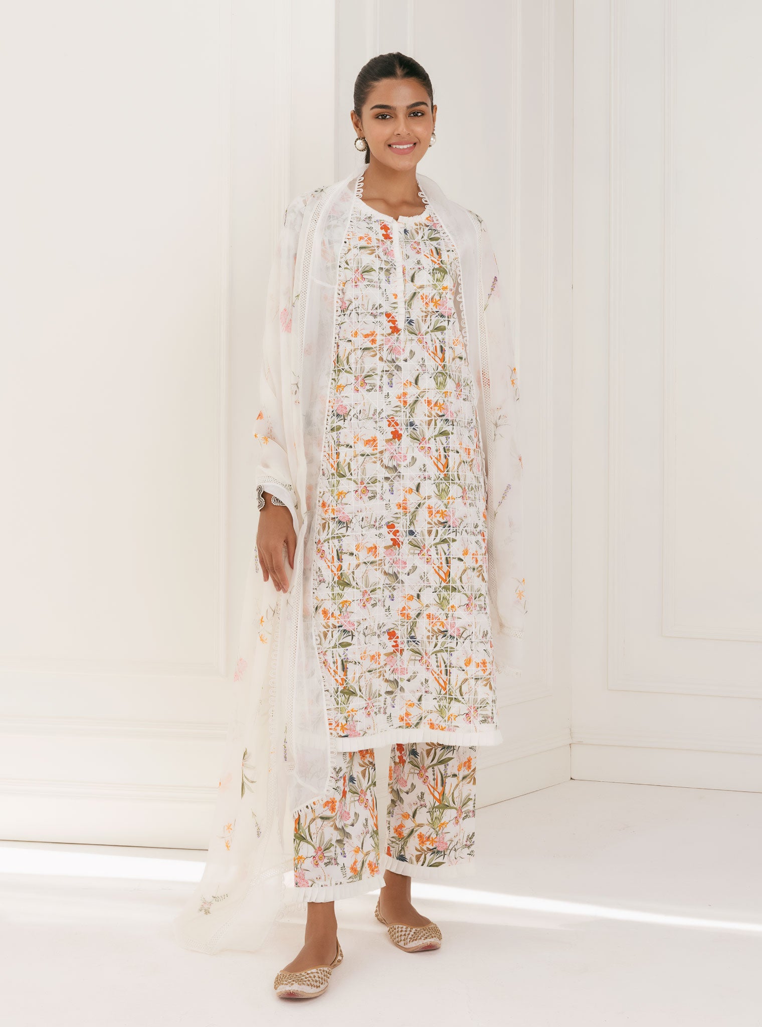 Mulmul Cotton Rafaela White Kurta With Rafaela White Pant