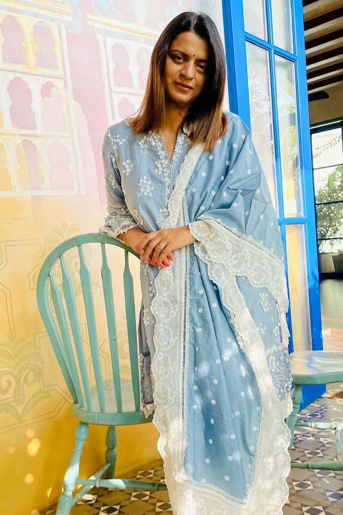 Amira Supima Satin Blue Kurta with Keerth White Pant Set