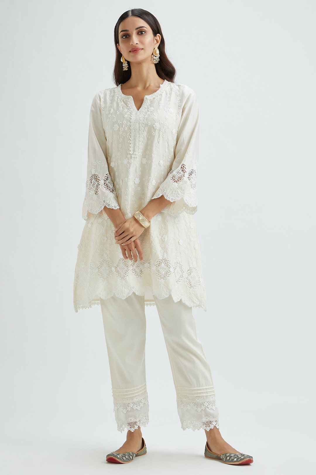 Mulmul Supima Satin Rene Off White Kurta With Pintuck Organza Pant