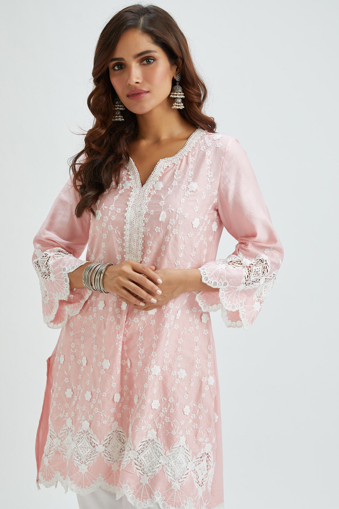 Mulmul Supima Satin Rene Kurta With Applique Embroidered Pant