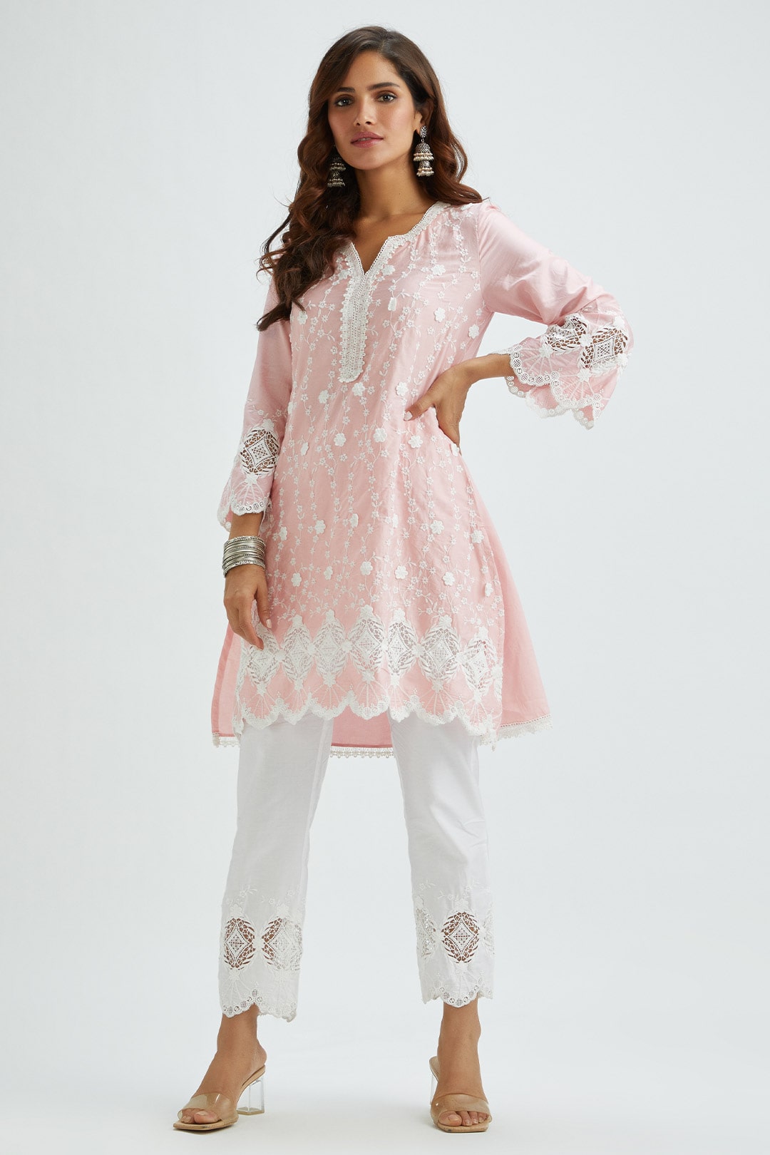 Mulmul Supima Satin Rene Kurta With Applique Embroidered Pant