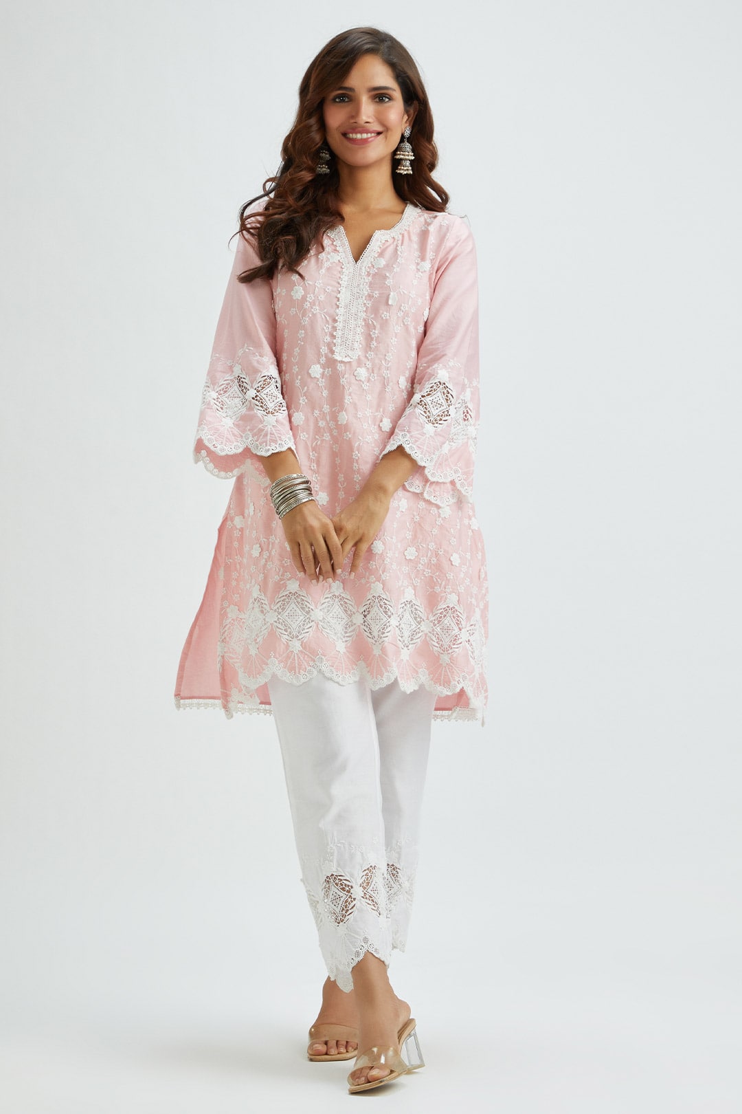 Mulmul Supima Satin Rene Kurta With Applique Embroidered Pant