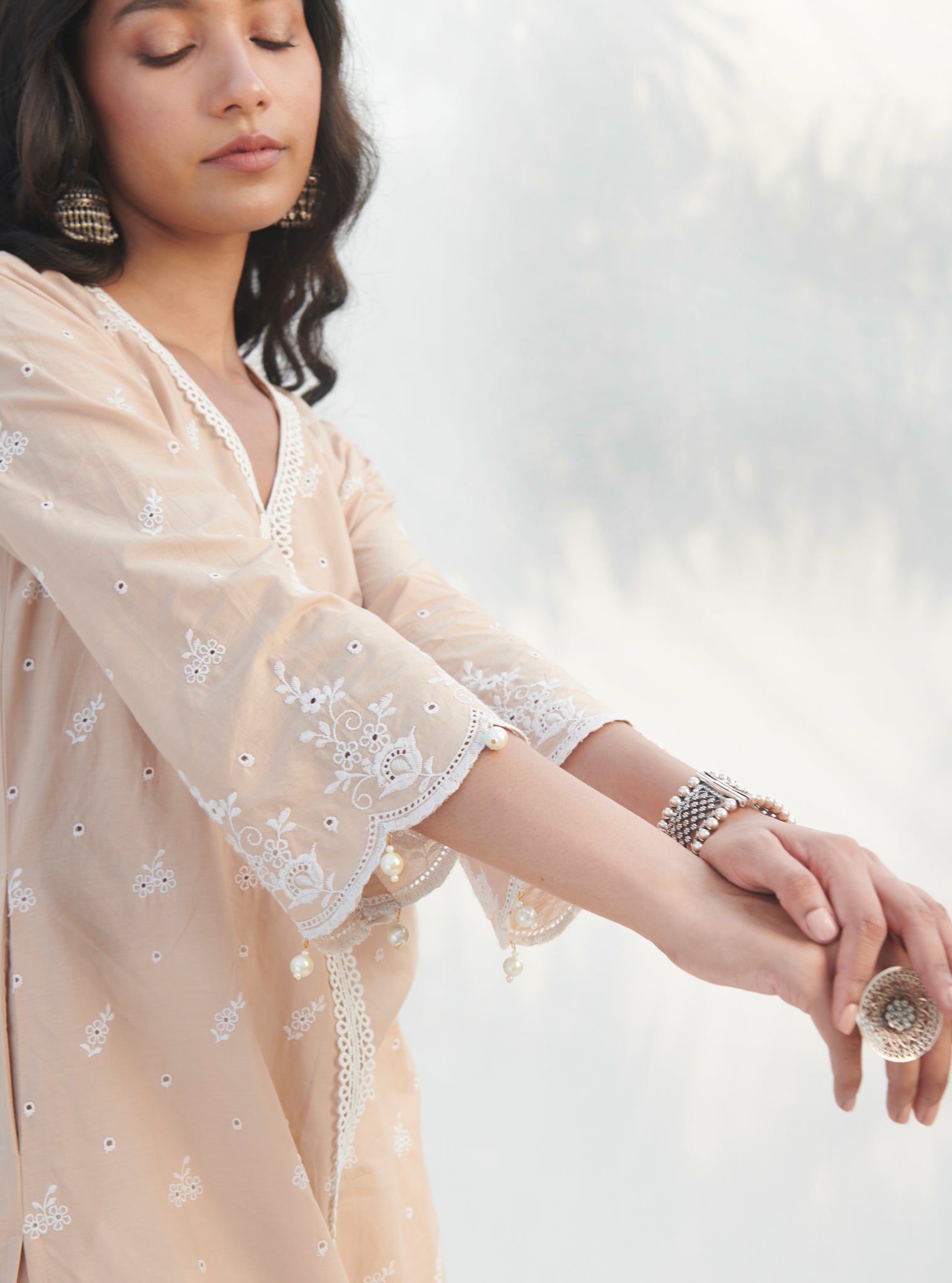 Mulmul Cotton Revora Beige Kurta With Mulmul Cotton Revora White Pant