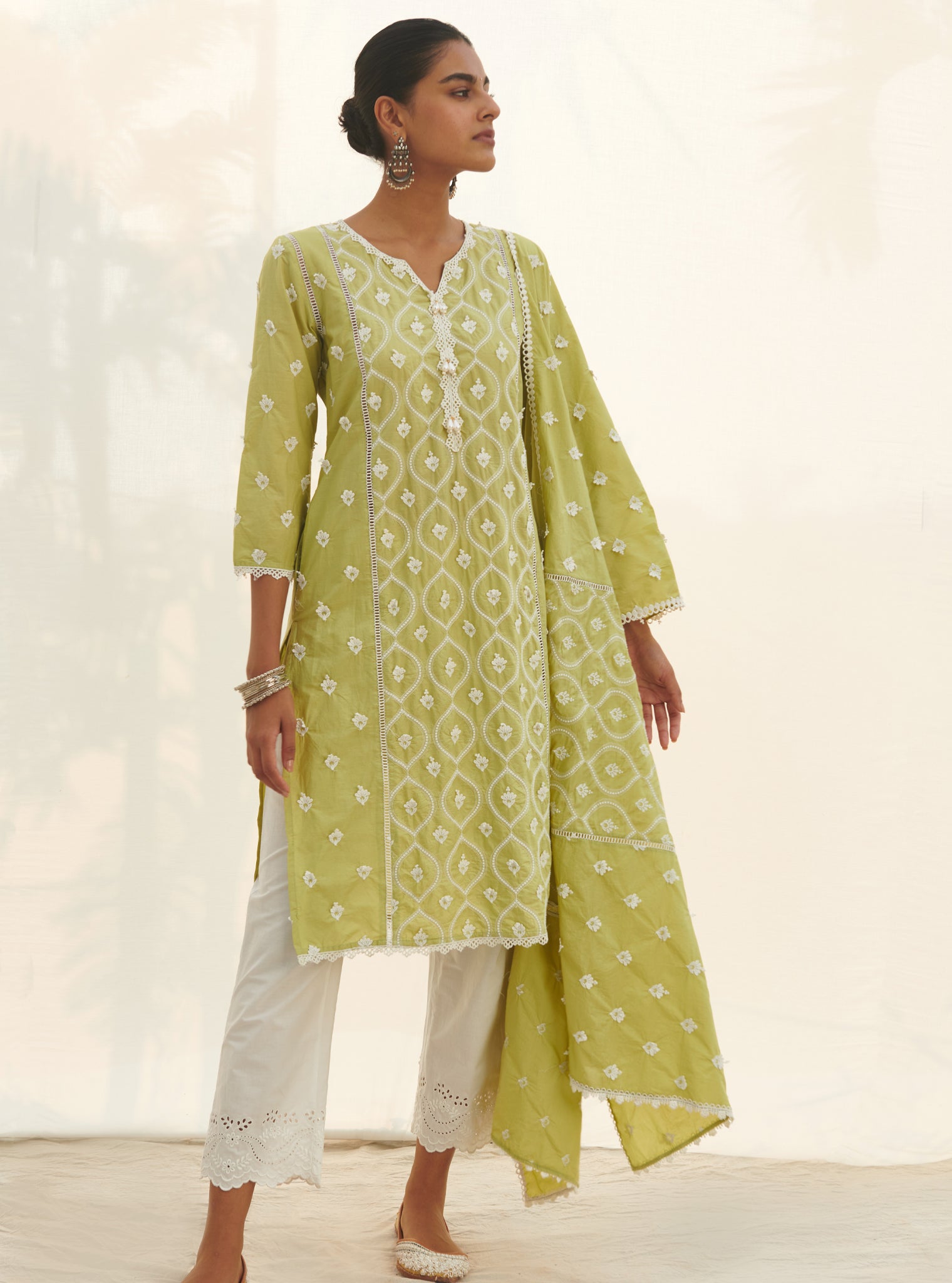 Mulmul Cotton Rivona Lime Kurta With Mulmul Cotton Satari White Pant